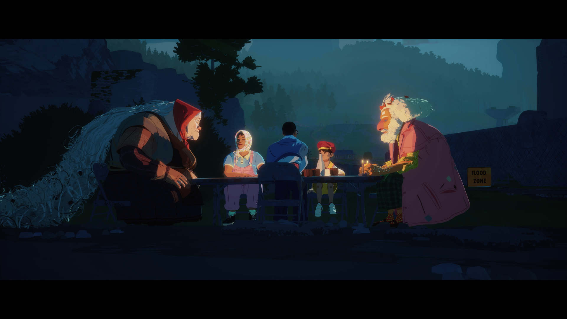 Five characters sit around a table at night, their faces are lit by candlelight, contrasting the  hard shadow of the forest around them.