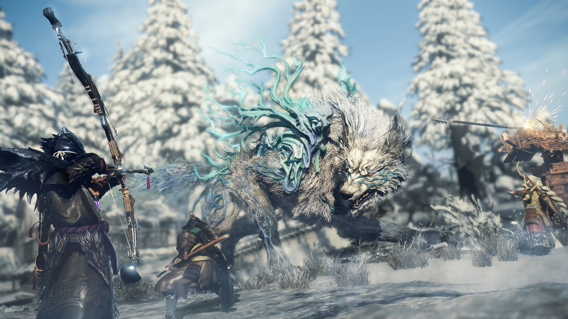 Three hunters stand in front of a massive, ice-covered wolf. The feather clad hunter in the foreground draws a large bow, while another hunter stands ready to draw his katana in front of the beast. The third hunter extends a hand, signaling a harpoon to fire at the wolf.