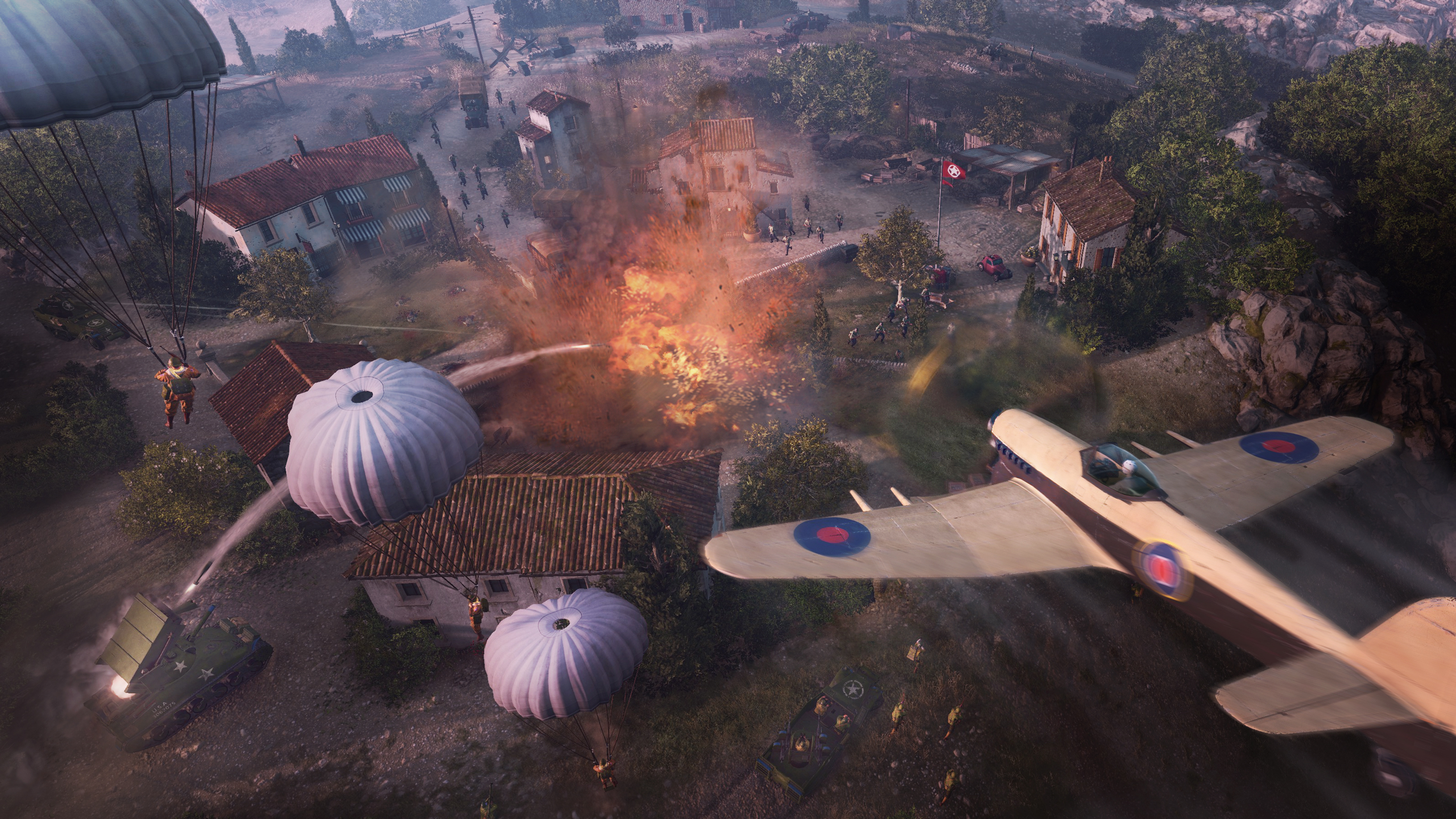 A fighter bomber flies over a town square as it is shelled with high explosive rockets.