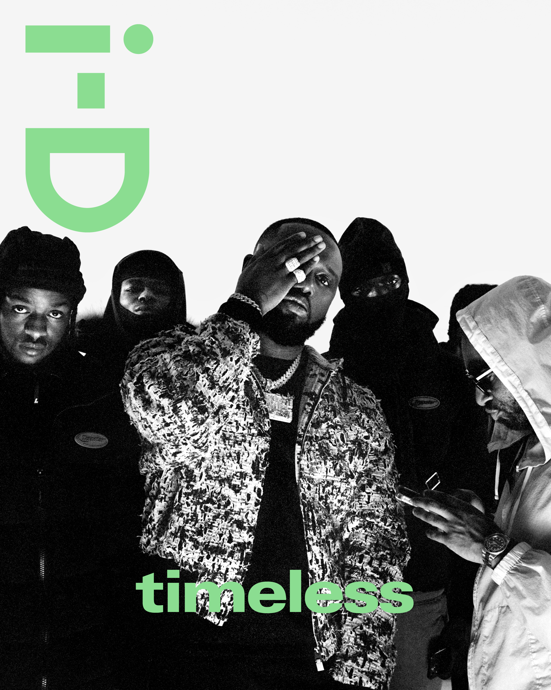 Headie One and his friends photographed by Bolade Banjo on the cover of i-D’s The Timeless Issue, no. 371, Spring 2023