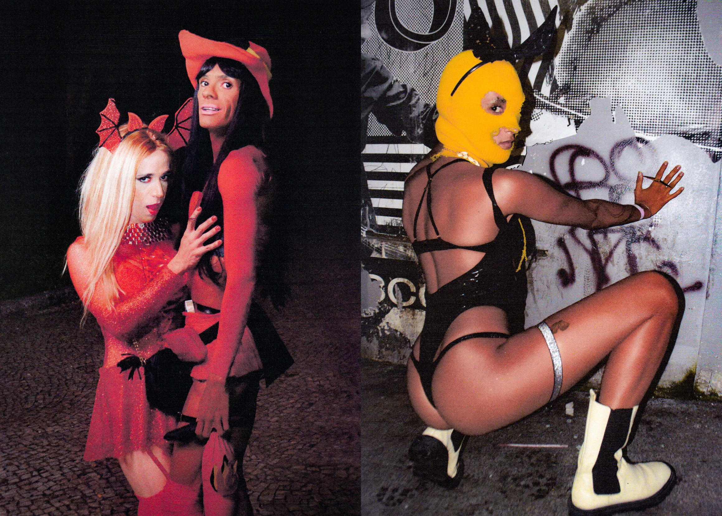 clubbers wearing red costumes hold each other suggestively (L) black underwear with a yellow balaclava (R)