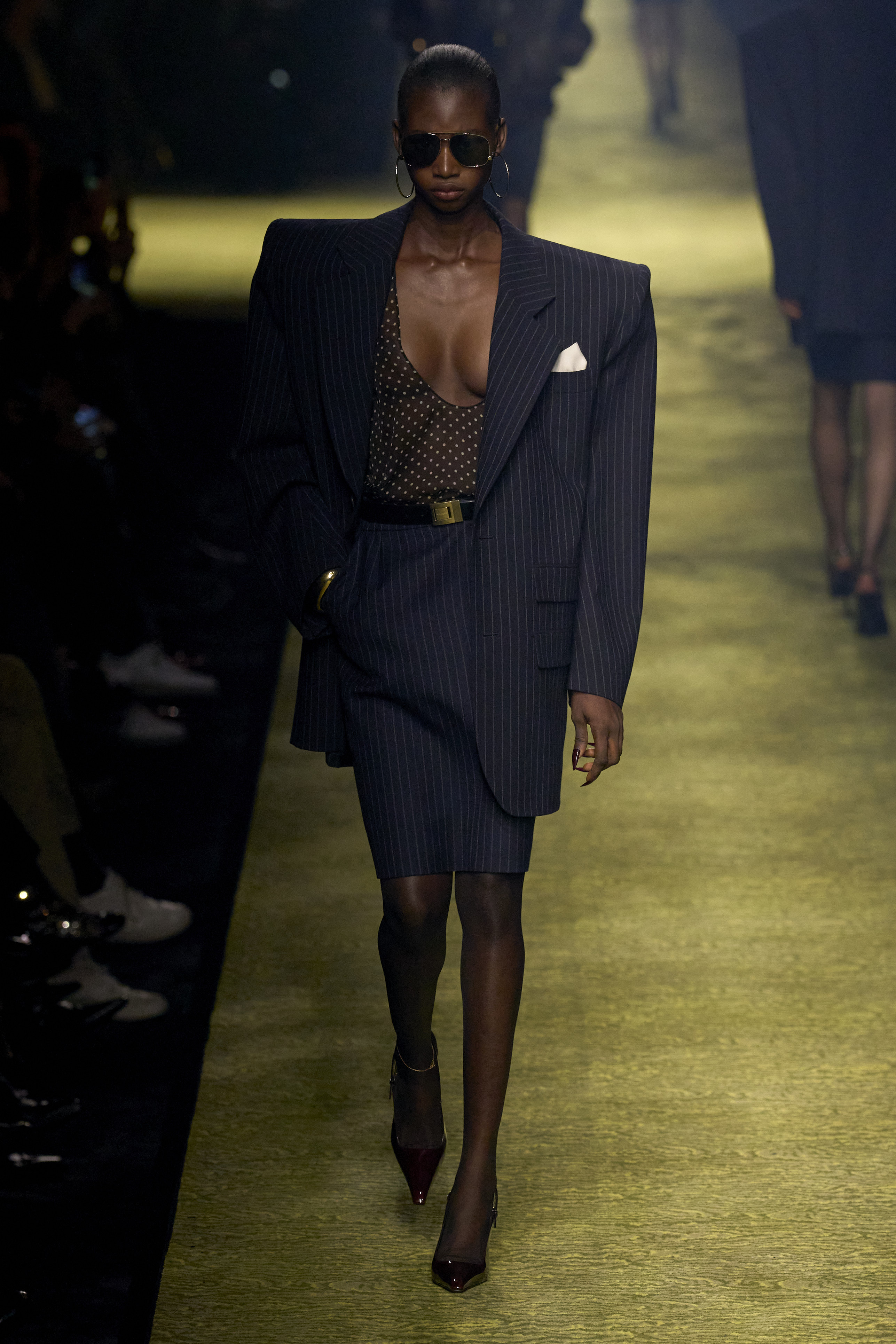 Model walking for the Saint Laurent AW23 show at Paris Fashion Week 