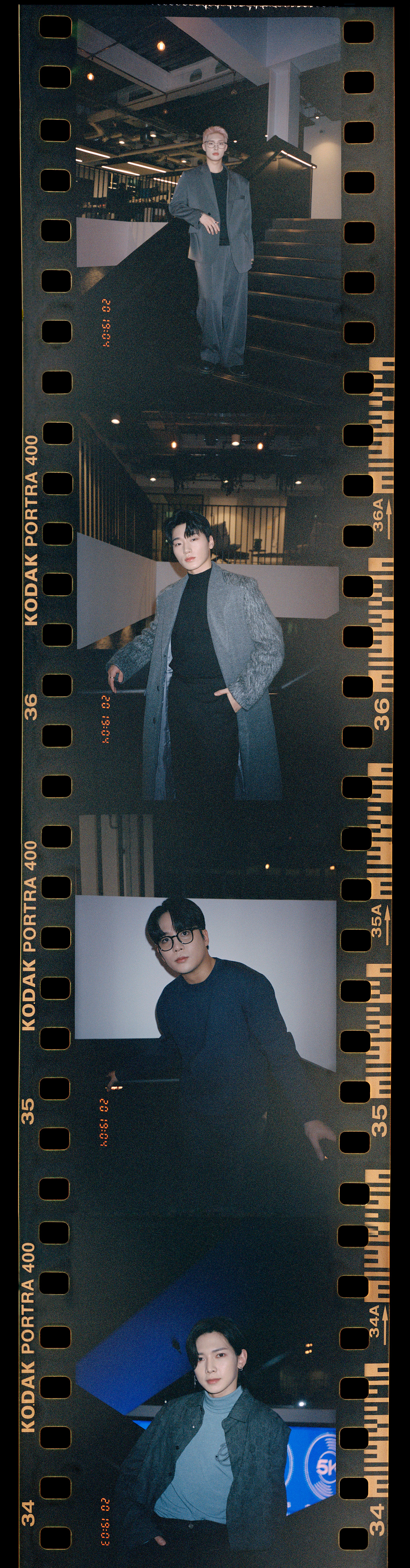 4 members of ATEEZ pose for individual portraits on film