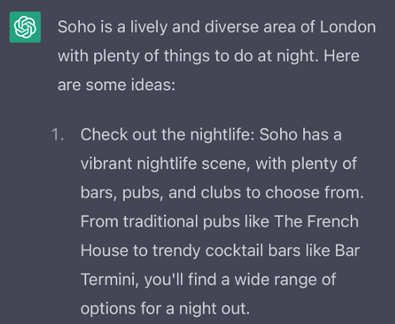 ChatGPT recommending places to go out in Soho
