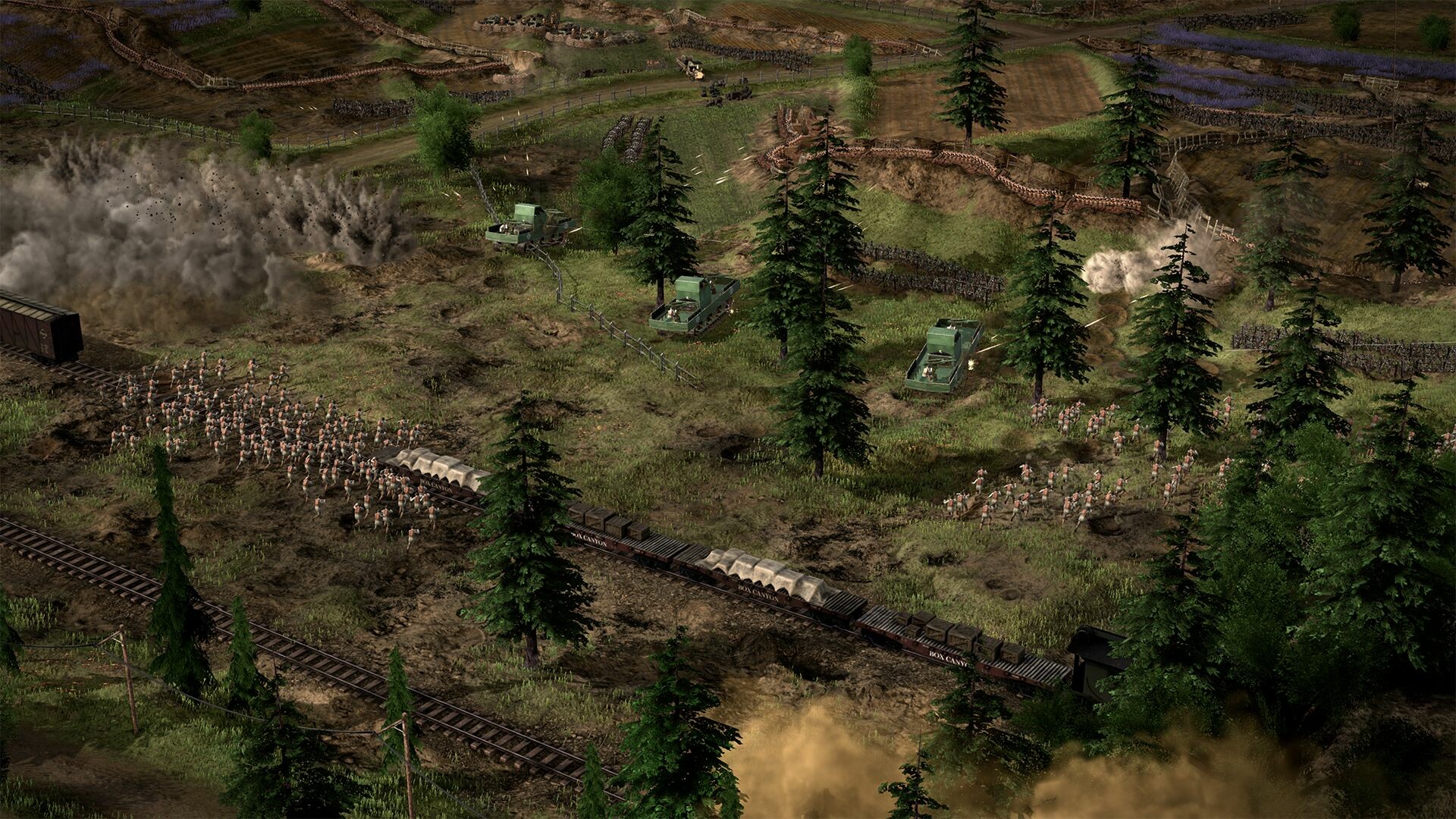 Infantry advance across a colorful grassy landscape as they cross a railroad line while puffs of dirty smoke indicate artillery falling nearby.