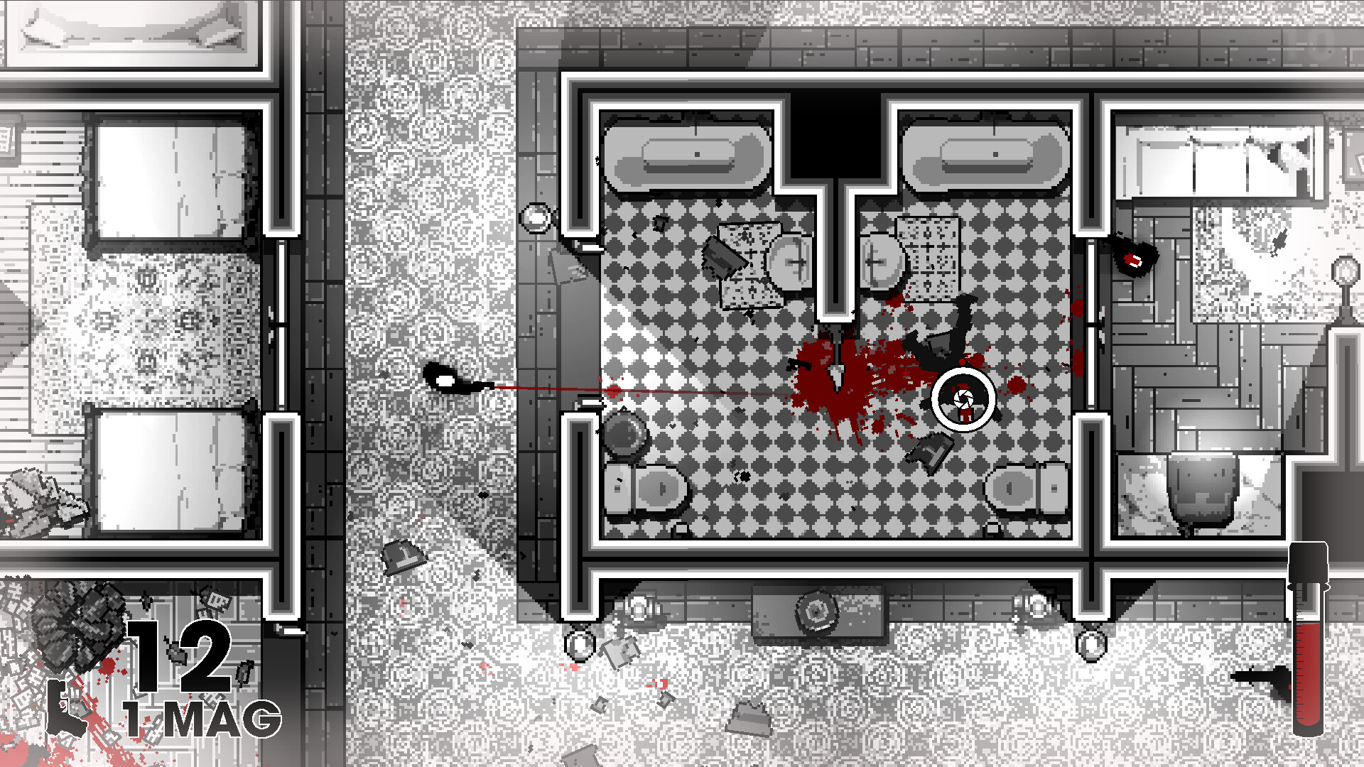 A screenshot of Otxo in which the player, holding a handgun, passes by an open doorway, pointing their gun into the room where a body lies bloody on the floor. Their handgun has twelve rounds, and an enemy is approaching from the bottom right of the screen.