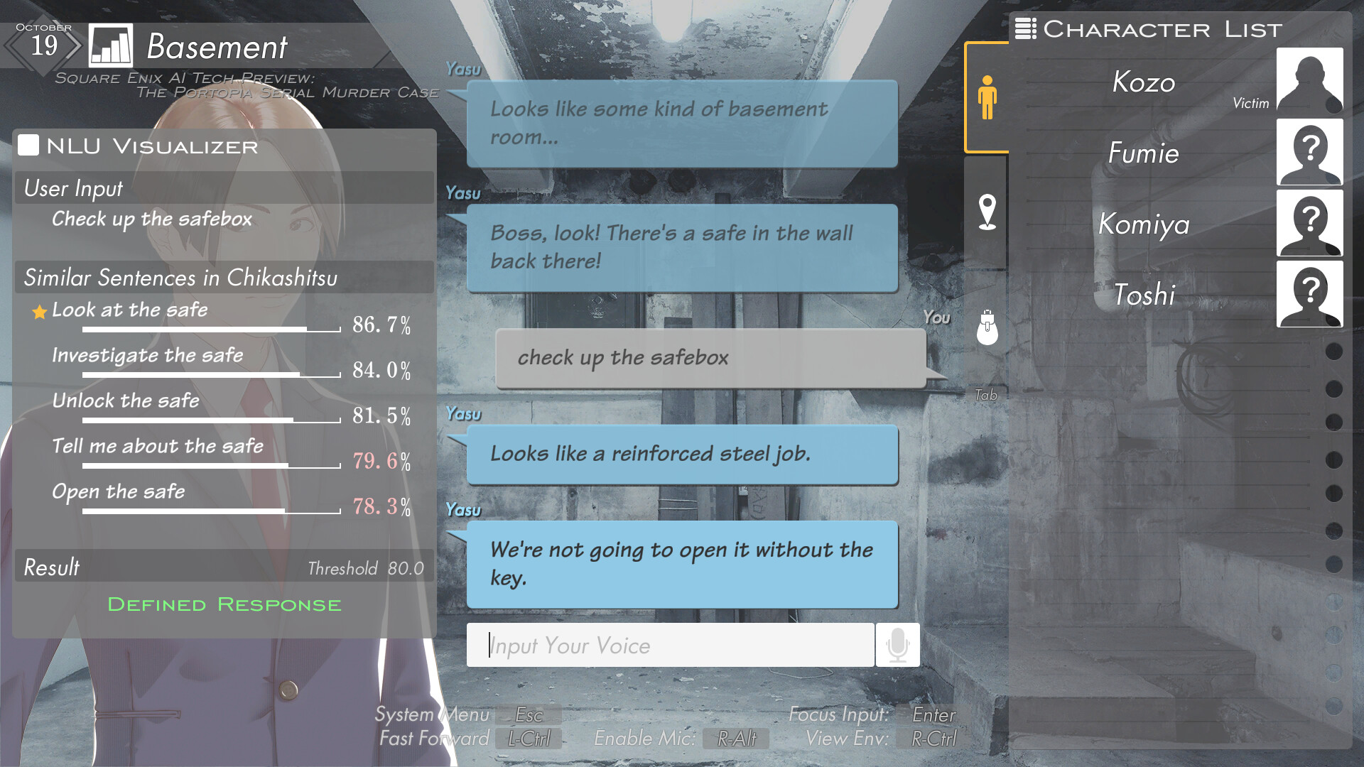 A screenshot of the Portopia serial murder case, depicting the player's input 