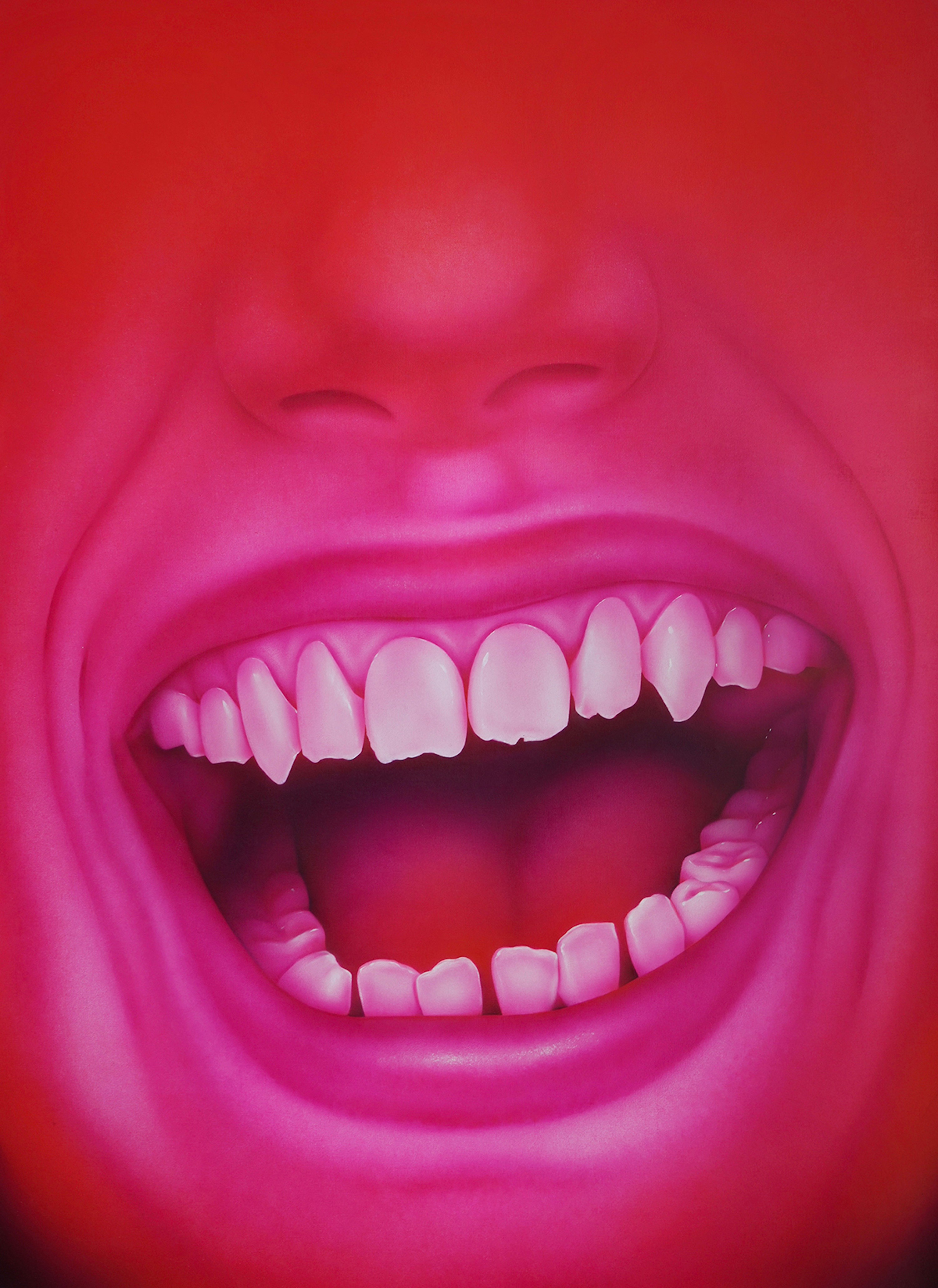 a fuchsia-coloured painting of an open toothy grin and button nose  