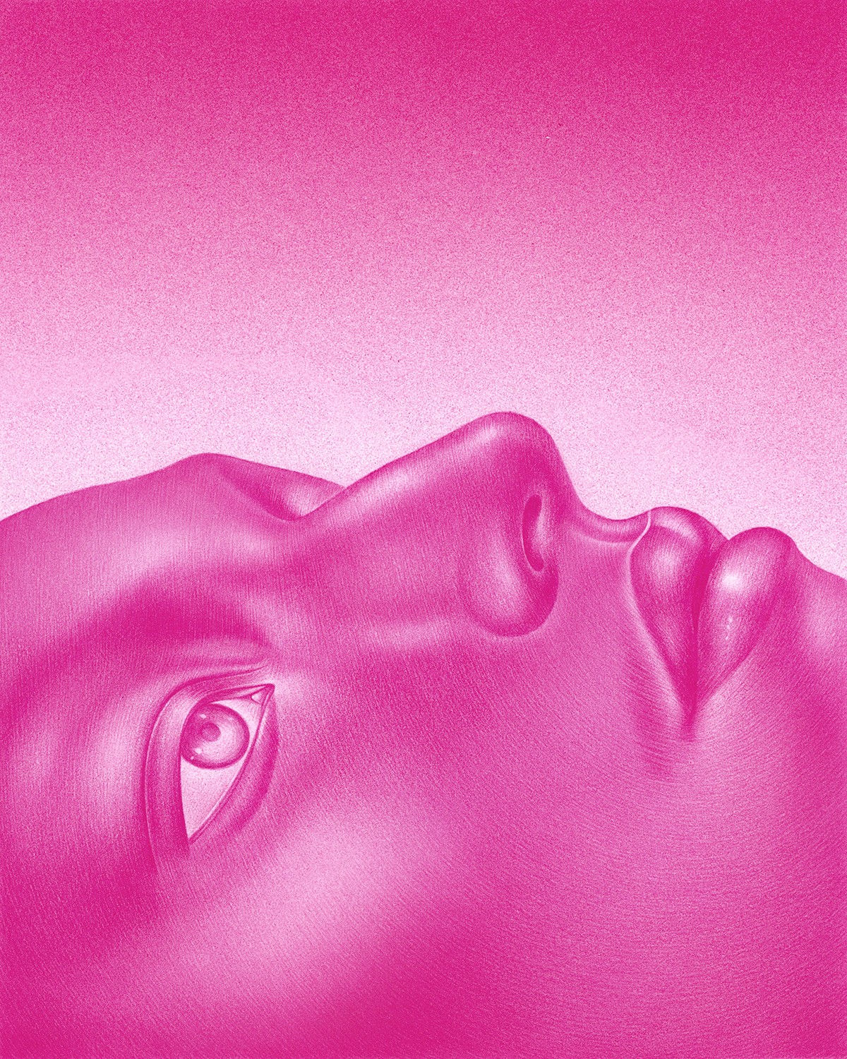 a cropped bright pink pencil drawing of a face laying down, eyes open