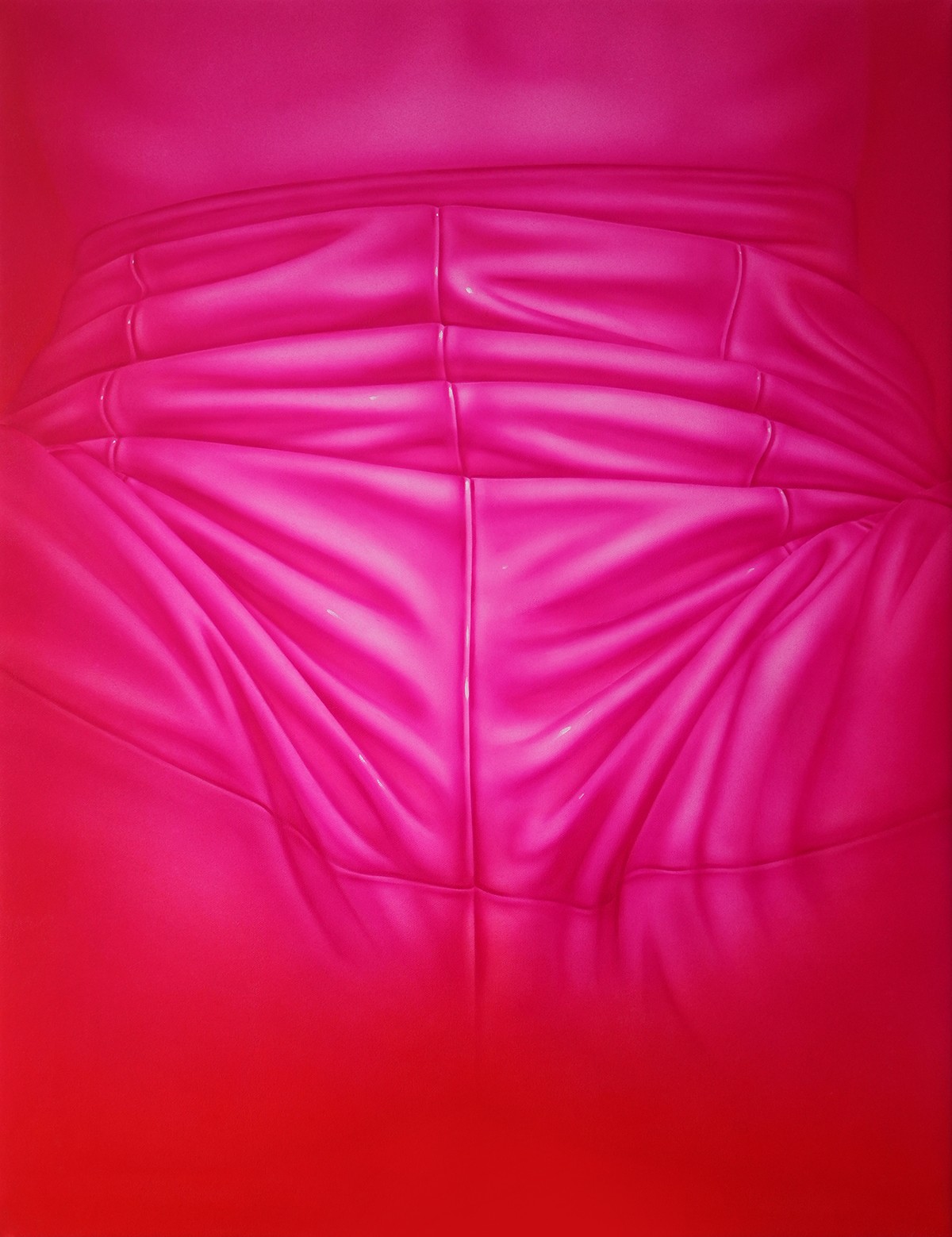 a bright pink and red hued painting of a leather ruched bedspread 