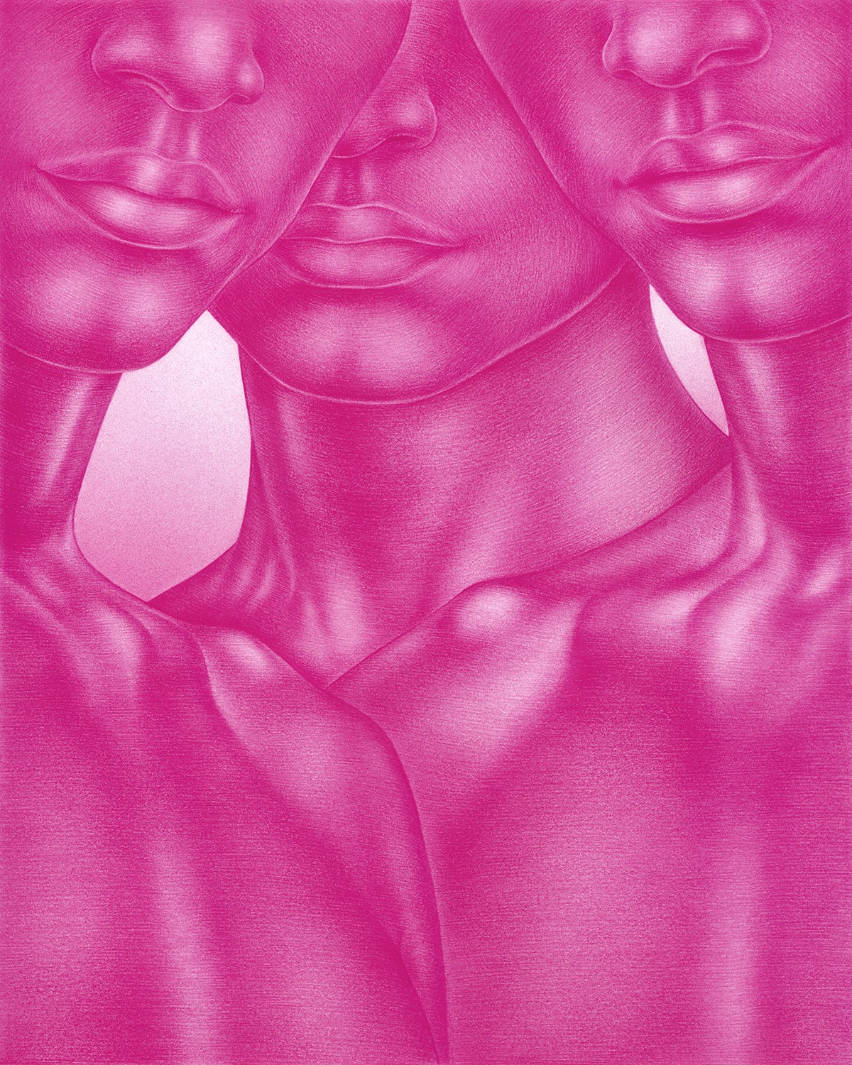 a pencil drawing in pink, of three figures seen from the chest to the nose