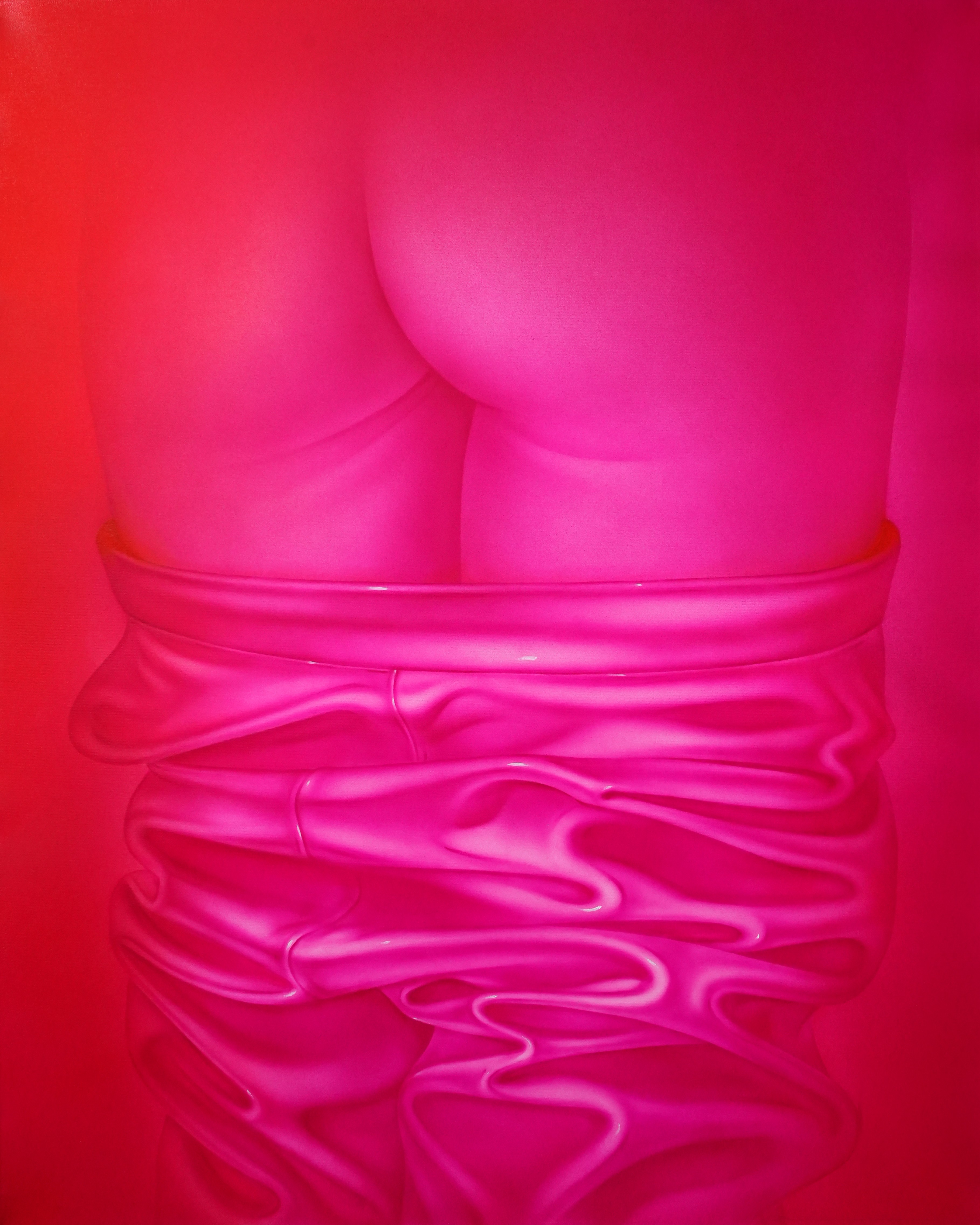 a pink painting depicting PVC trousers pulled down in folds, exposing a nude bottom