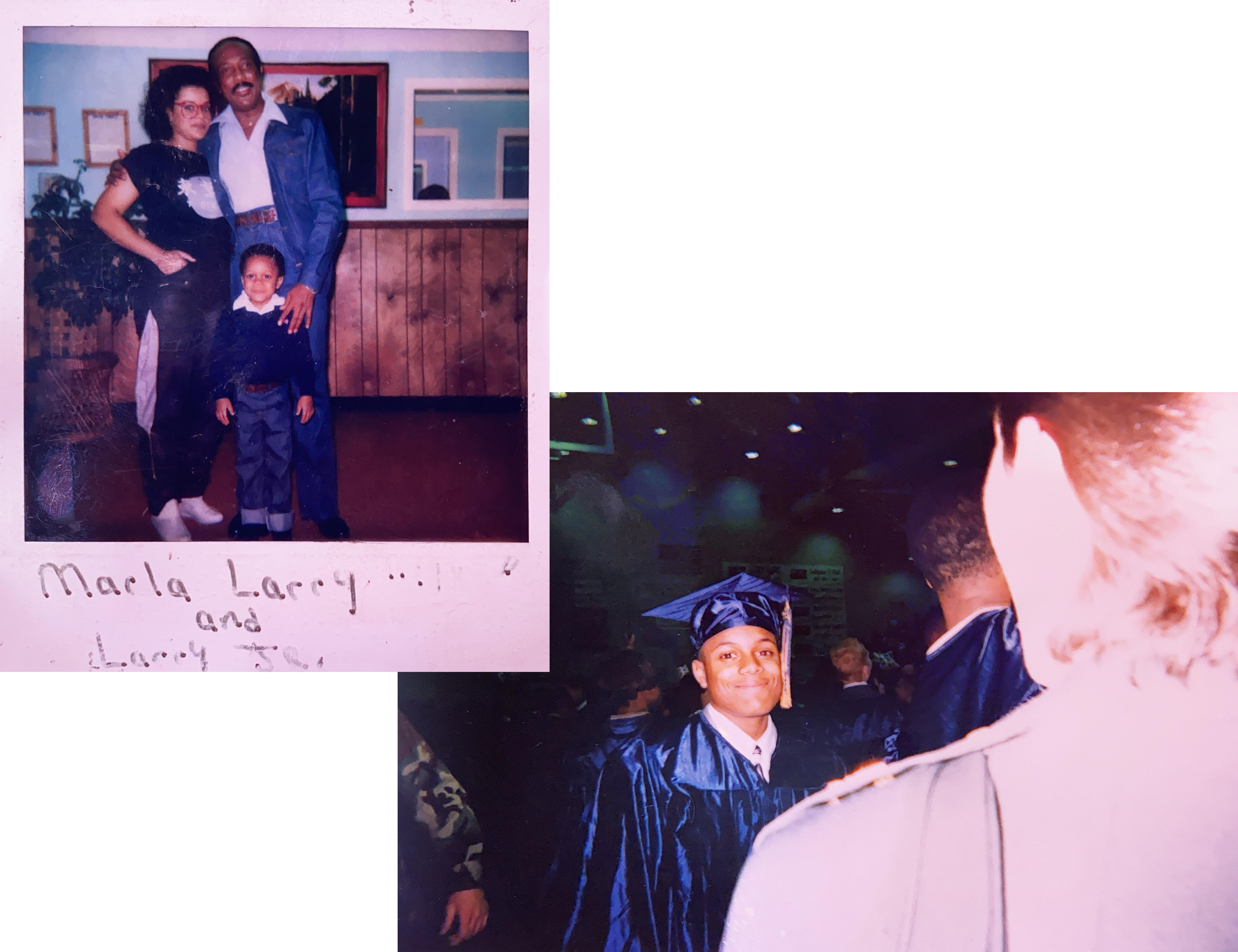 Larro Wilson with his mother and father, and Larro graduating