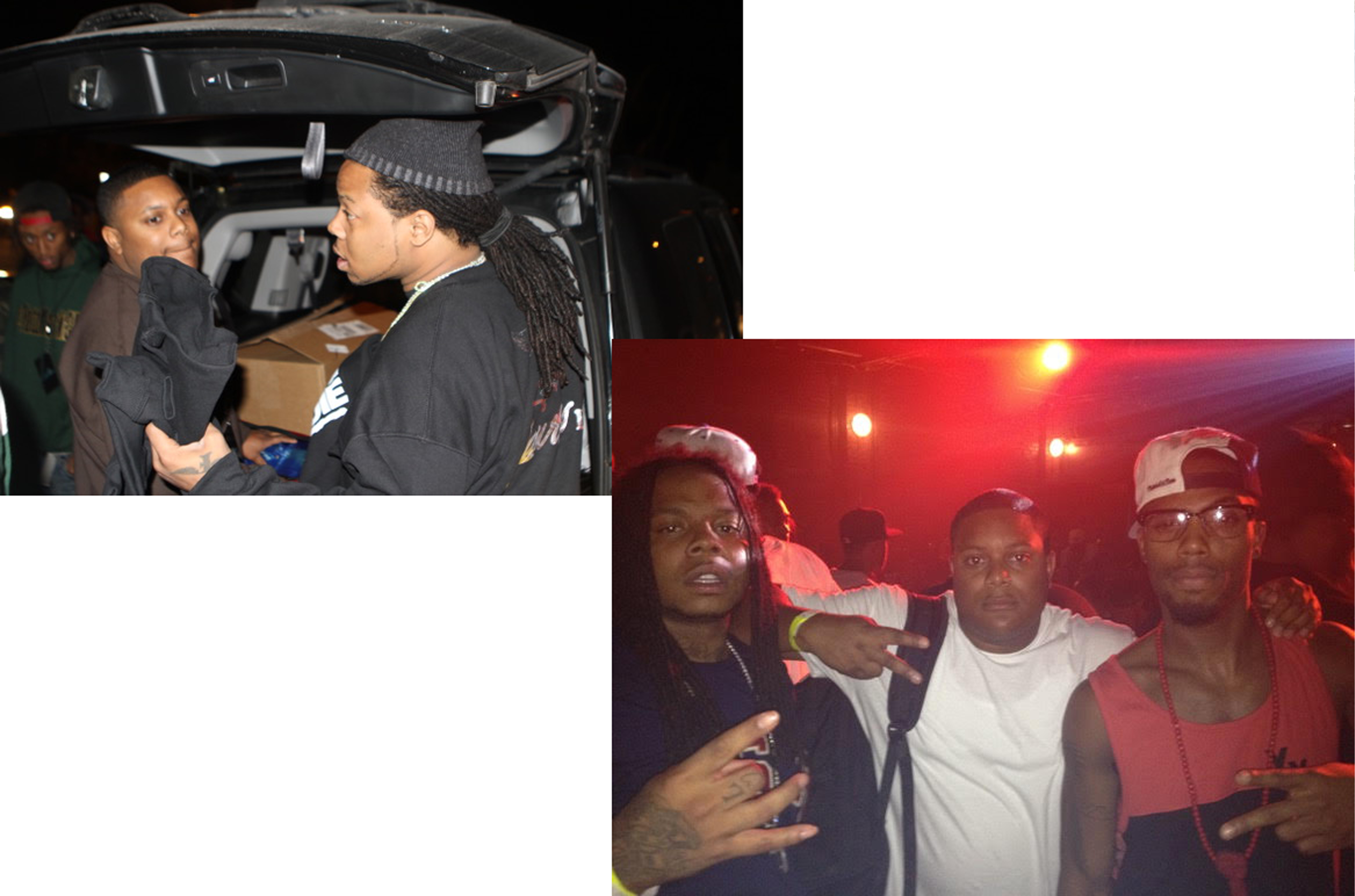 Larro Wilson and King Louie selling shirts from their car, both of them at the club.