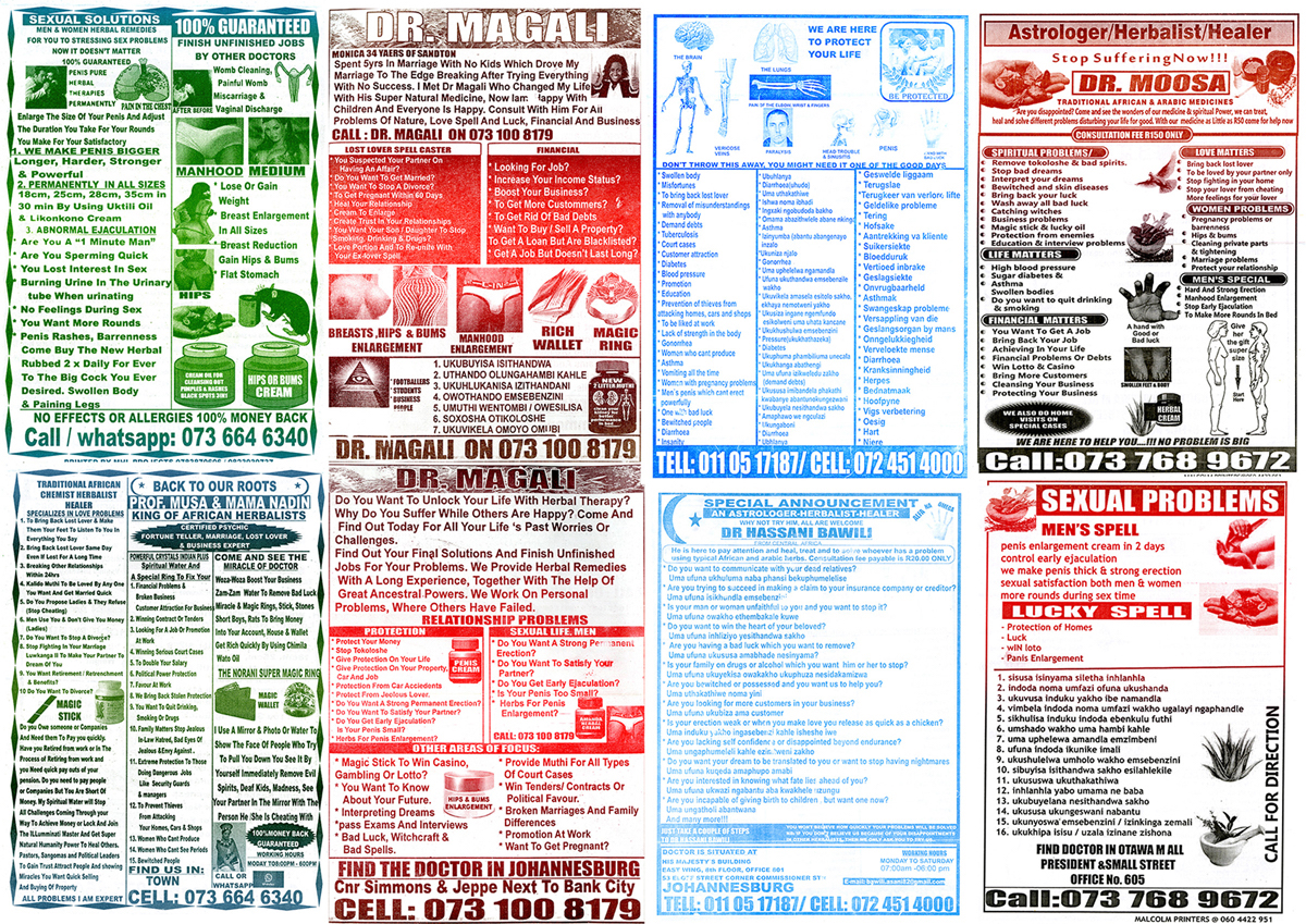 Giya Makondo-Wills, “They Came From The Water While The World Watched” –  eight posters advertising the services of different sangomas