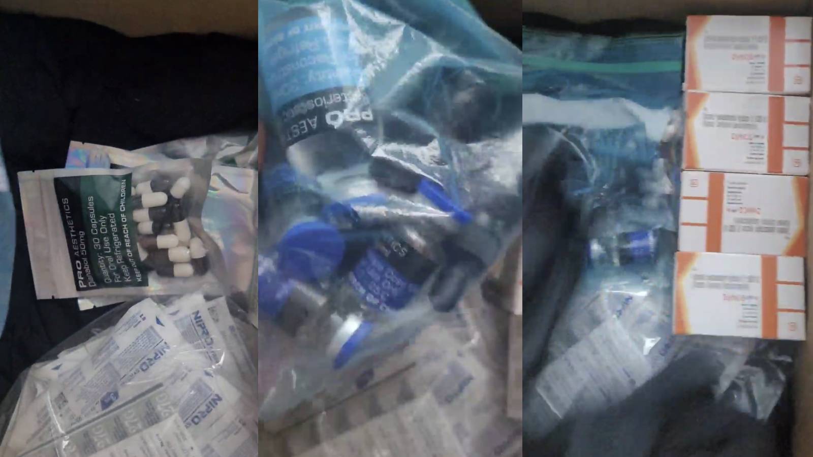 Screenshots from the unboxing video of the drugs found at the bottom of the box. 