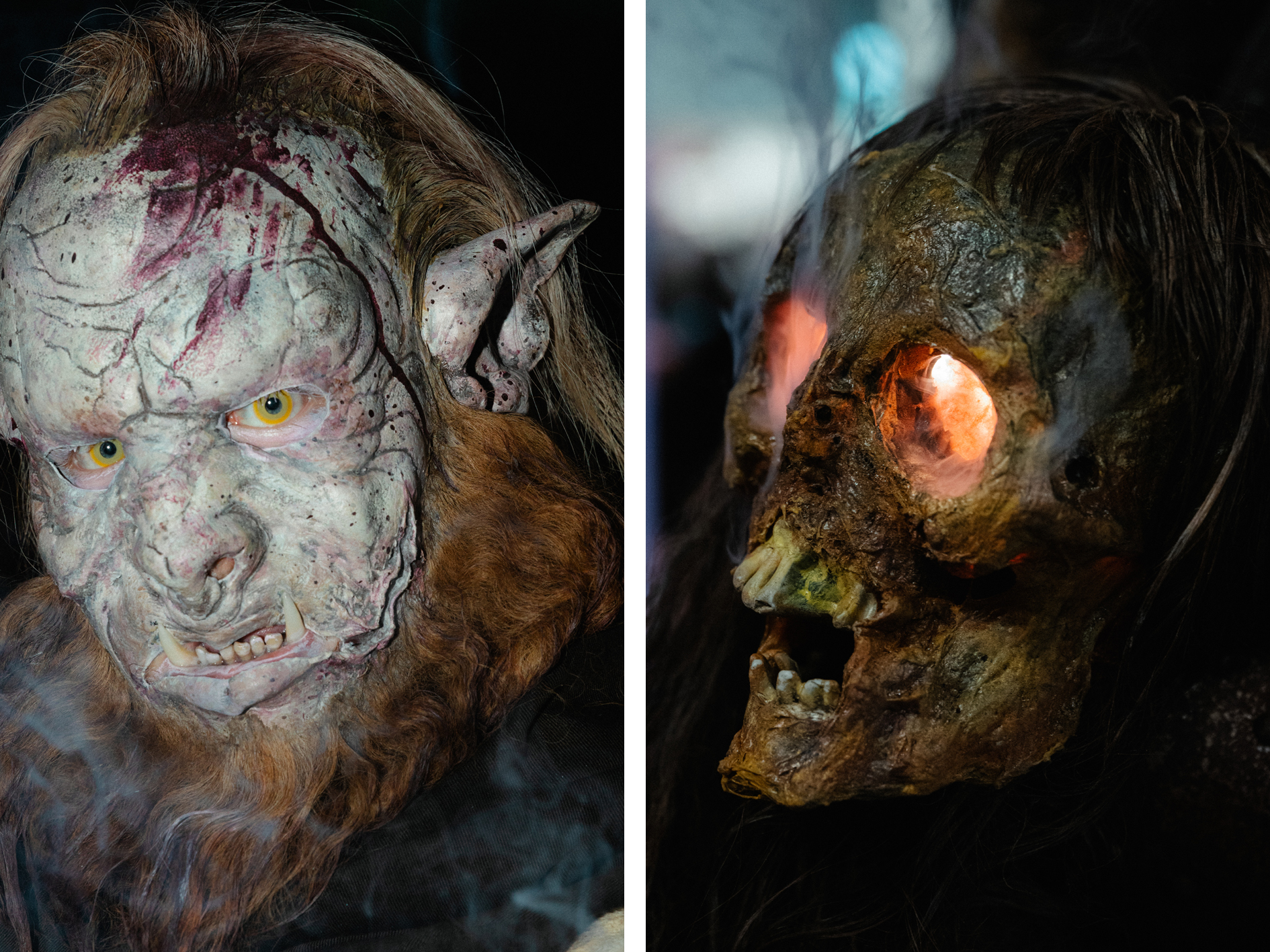 Links: Eine blutbefleckte Maske eines Orks mit spitzen Zähnen. Links: Ein Totenschädel mit leuchtenden Augen