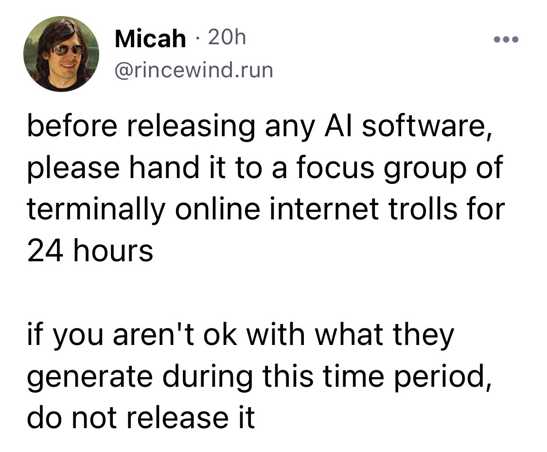Screenshot of a post on Bluesky: “Before releasing any AI software, please hand it to a focus group of terminally online internet trolls for 24 hours. If you aren’t OK with what they generate during this time period, do not release it.”