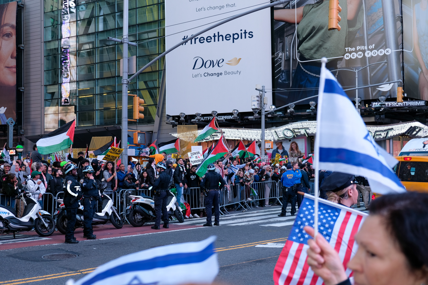 Pro-Israel protesters across the street from pro-Palestine protesters in New York City. Photo by Tess Owen 