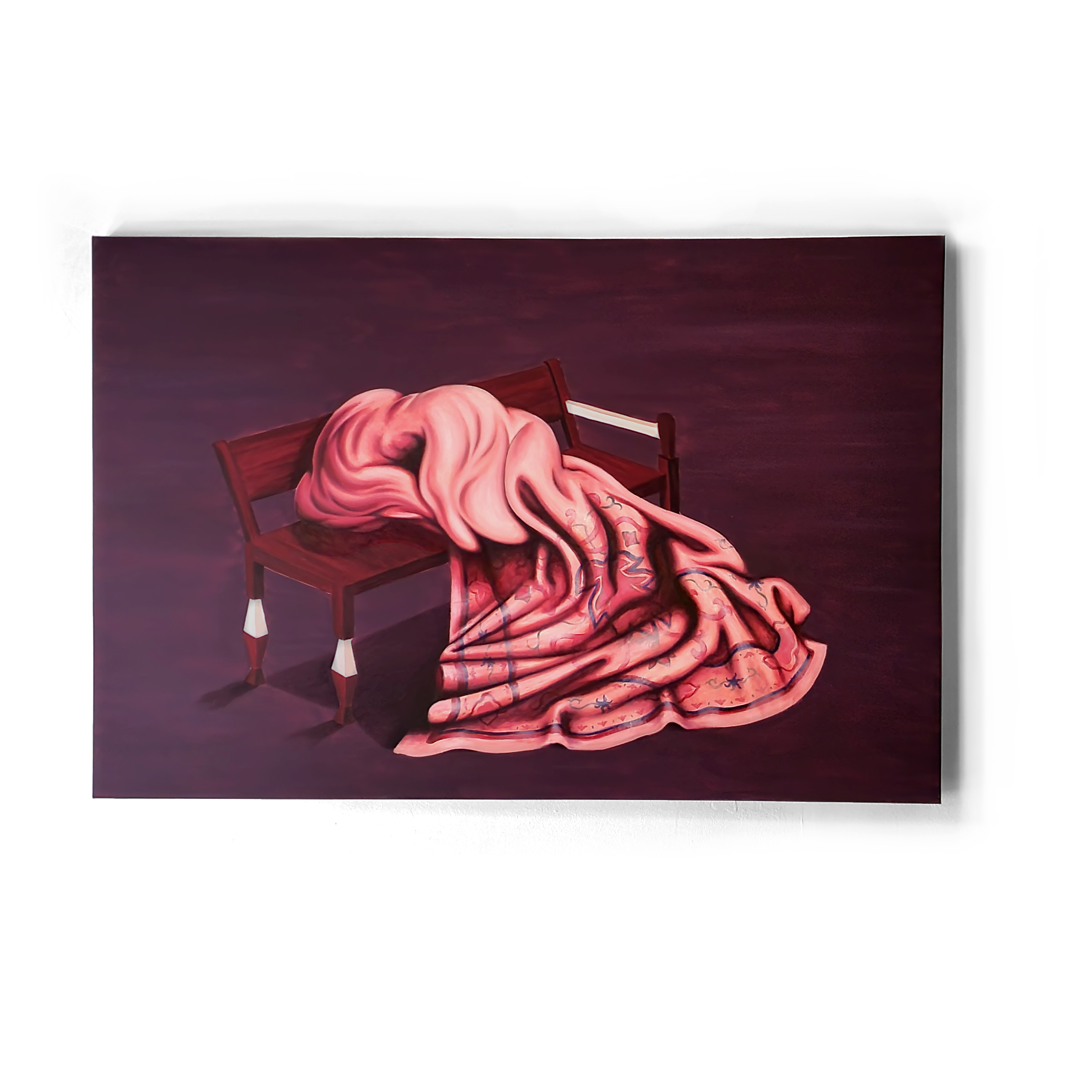 painting of a brown bench with a pink blanket with drawings on it, on a dark purple background
