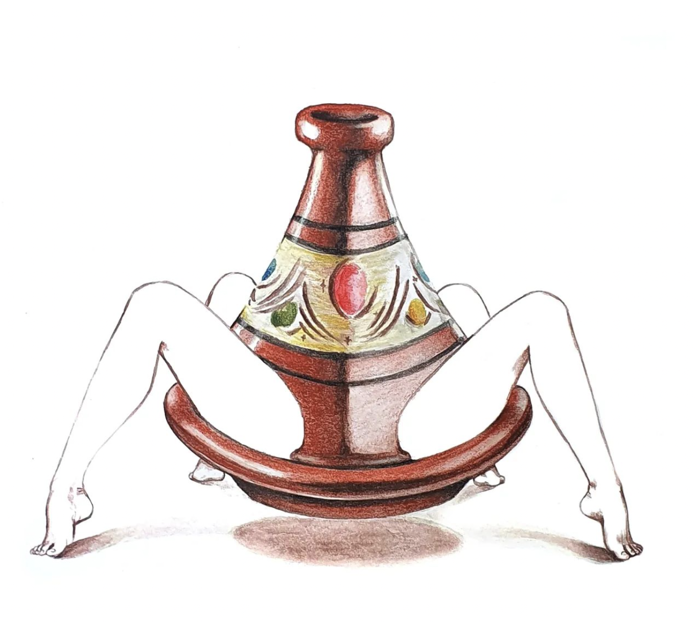 A drawing of a colourful tajine with four naked legs.