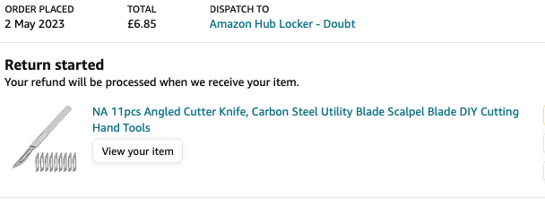 A screenshot of an Amazon listing of an angled cutter knife.