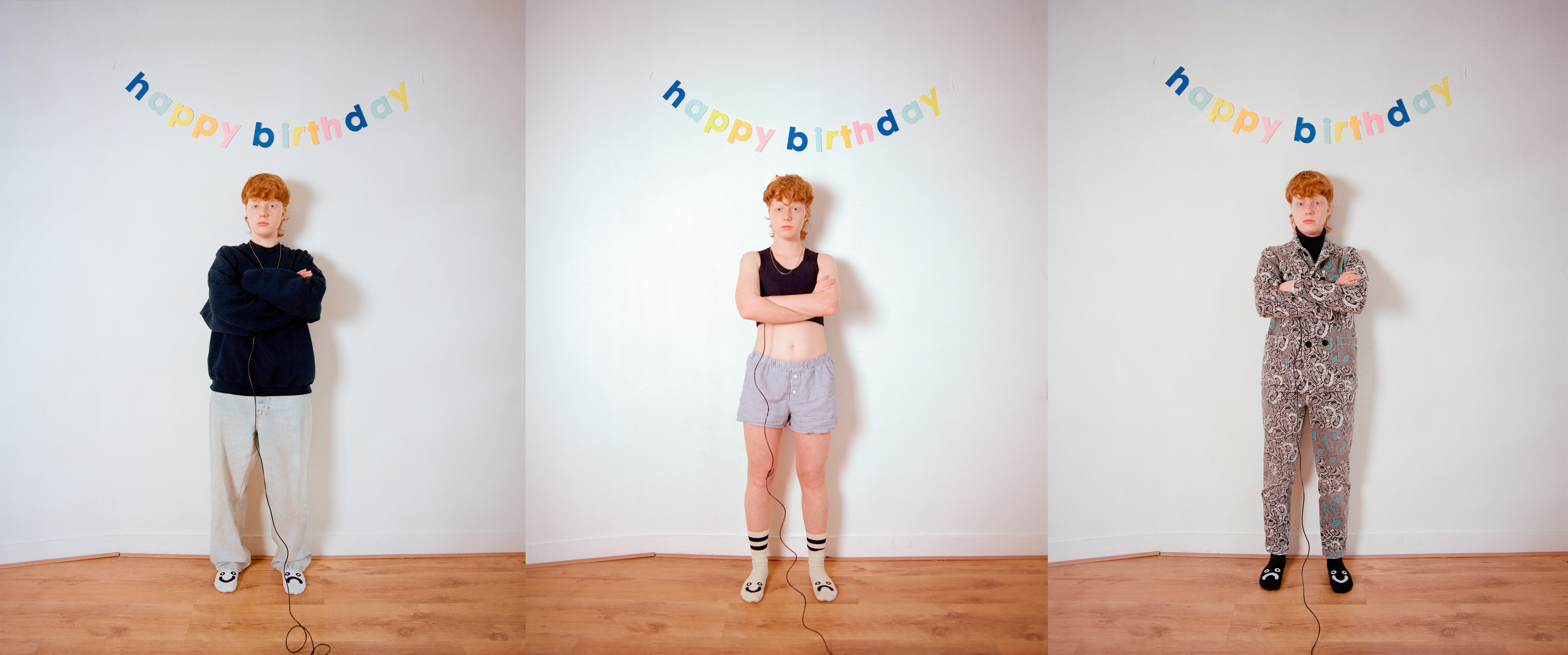 Flo Verhulst - collage of three pictures of the same person standing under birthday decorations on a white wall. They wear a different outfit on each photo