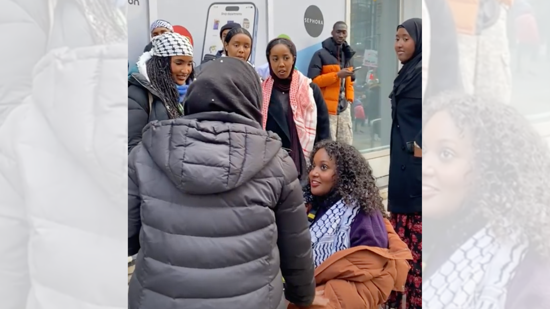 Ontario MPP Sarah Jama was approached by groups of supporters who were heading to the Pro-Palestine protest that saw tens of thousands of people outside the US Consulate in Toronto on Nov. 4 2023. The MPP also spoke at the rally. (Evy Kwong for VICE News)