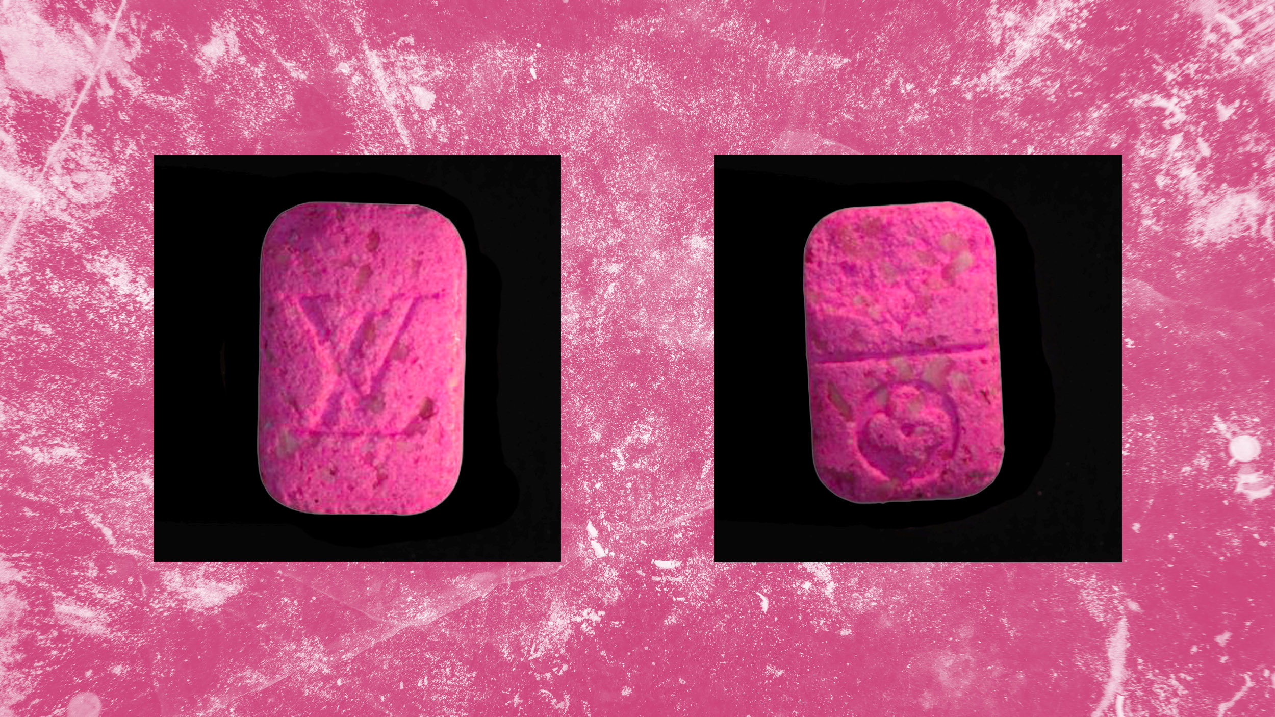 Eine pinke Pille mit Louis-Vuitton-Logo auf pinkem Hintergrund