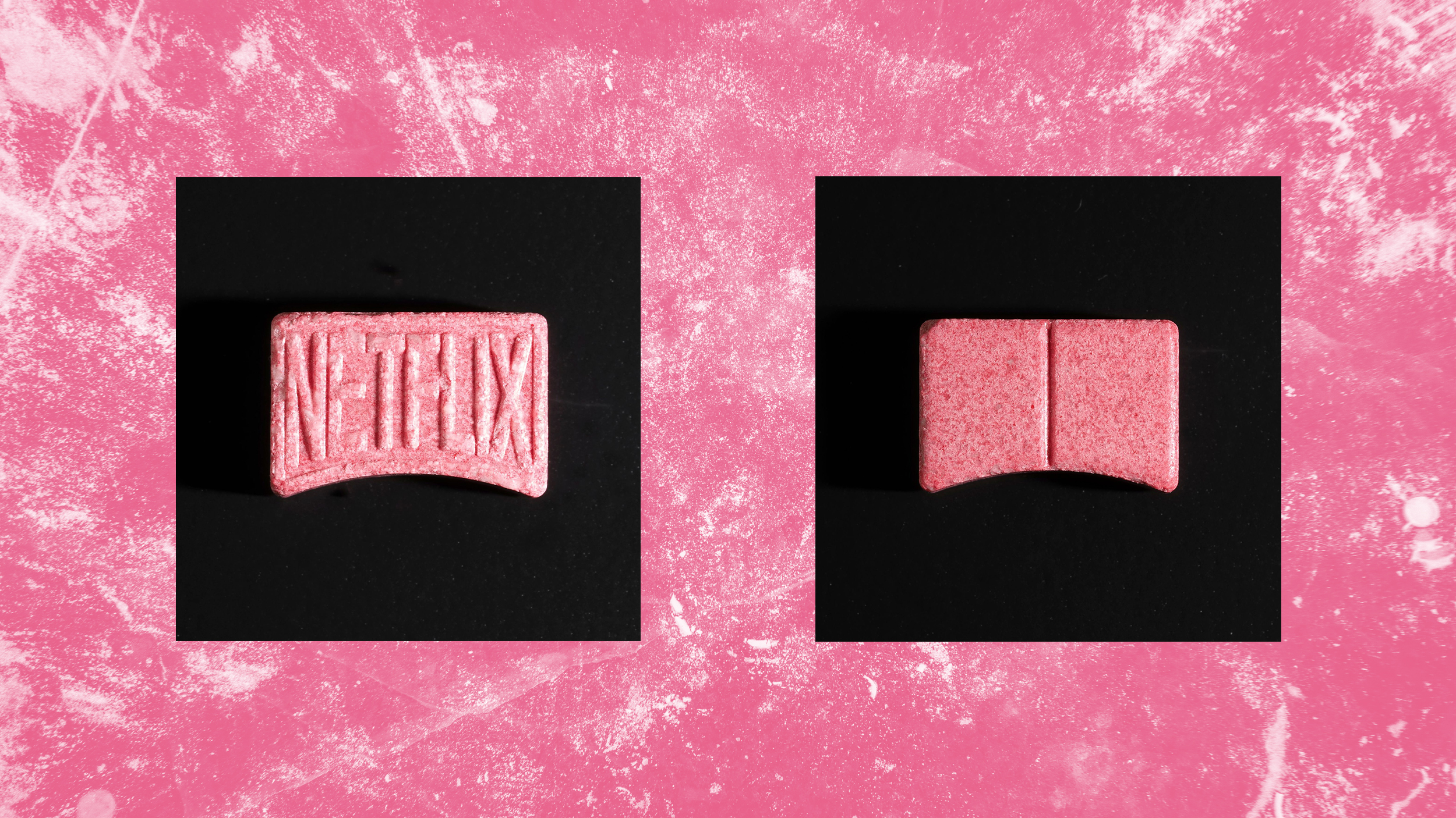 Eine pinke Pille in Form des Netflix-Logos auf pinkem Hintergrund