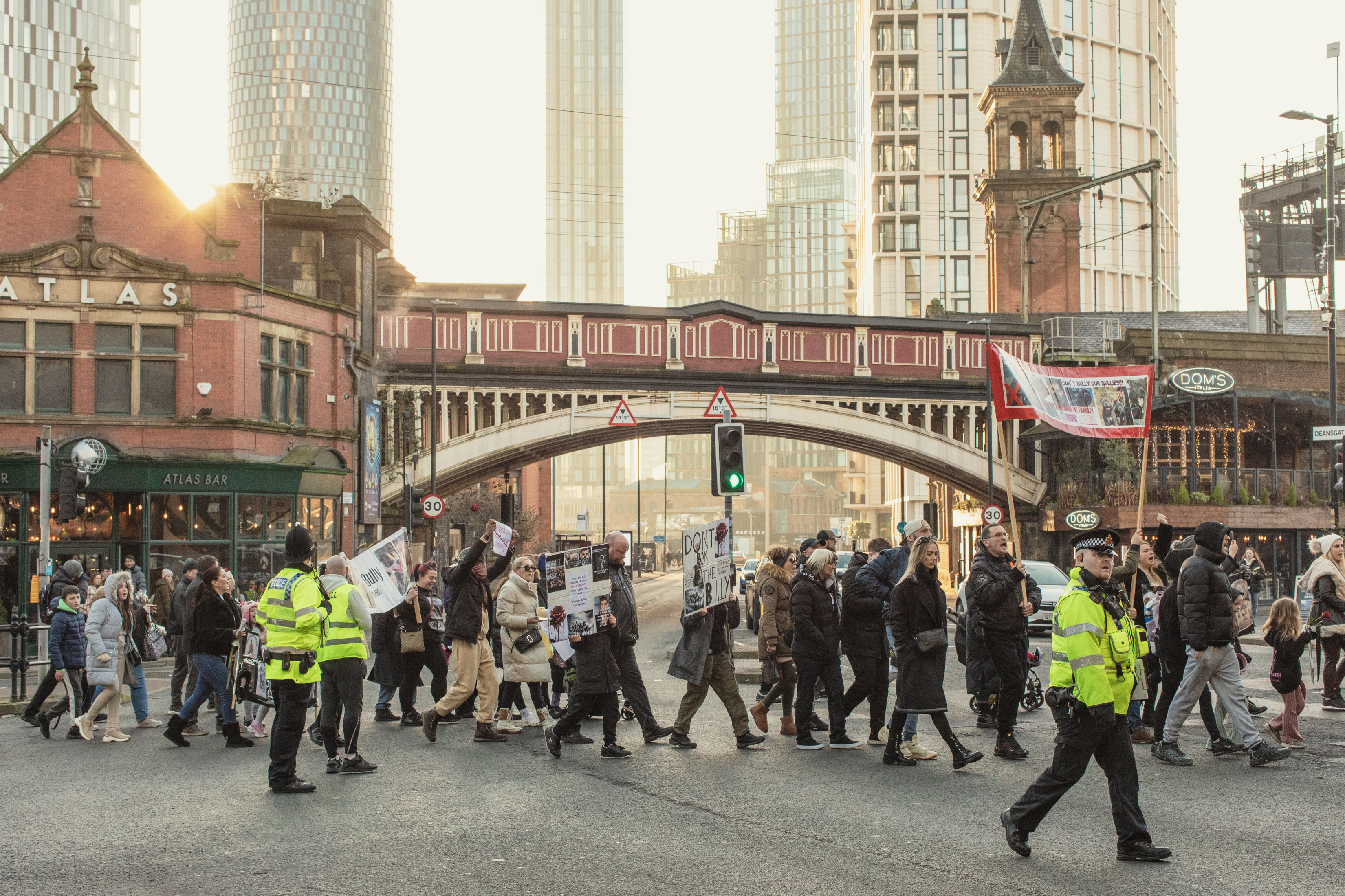Manchester, UK: Police watch over the XL Bully protest