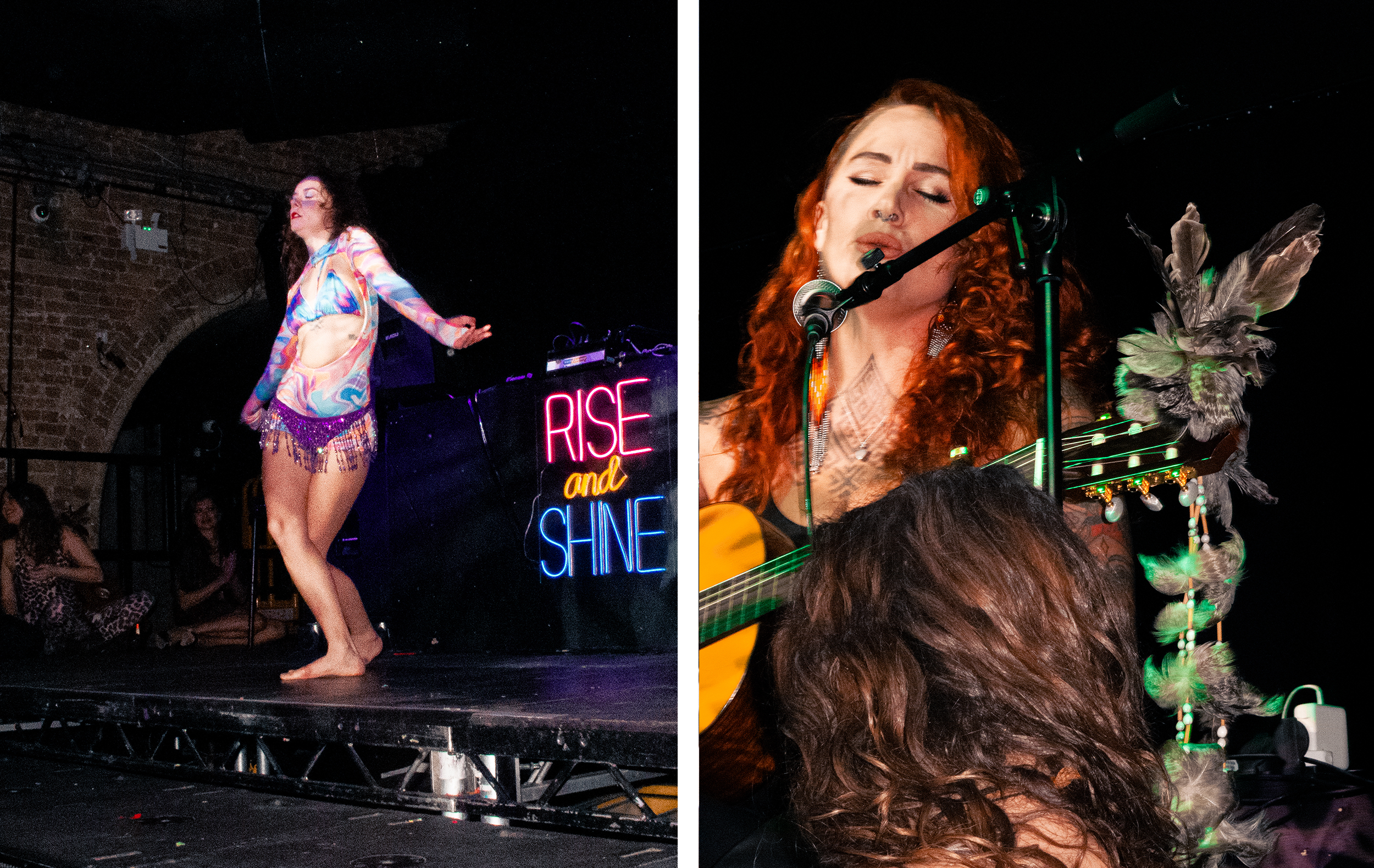 Left: A photo of a woman in a cosmic, multicoloured leotard dancing on a stage. Right: A woman with red curly hair singing with a guitar decorated in feathers.