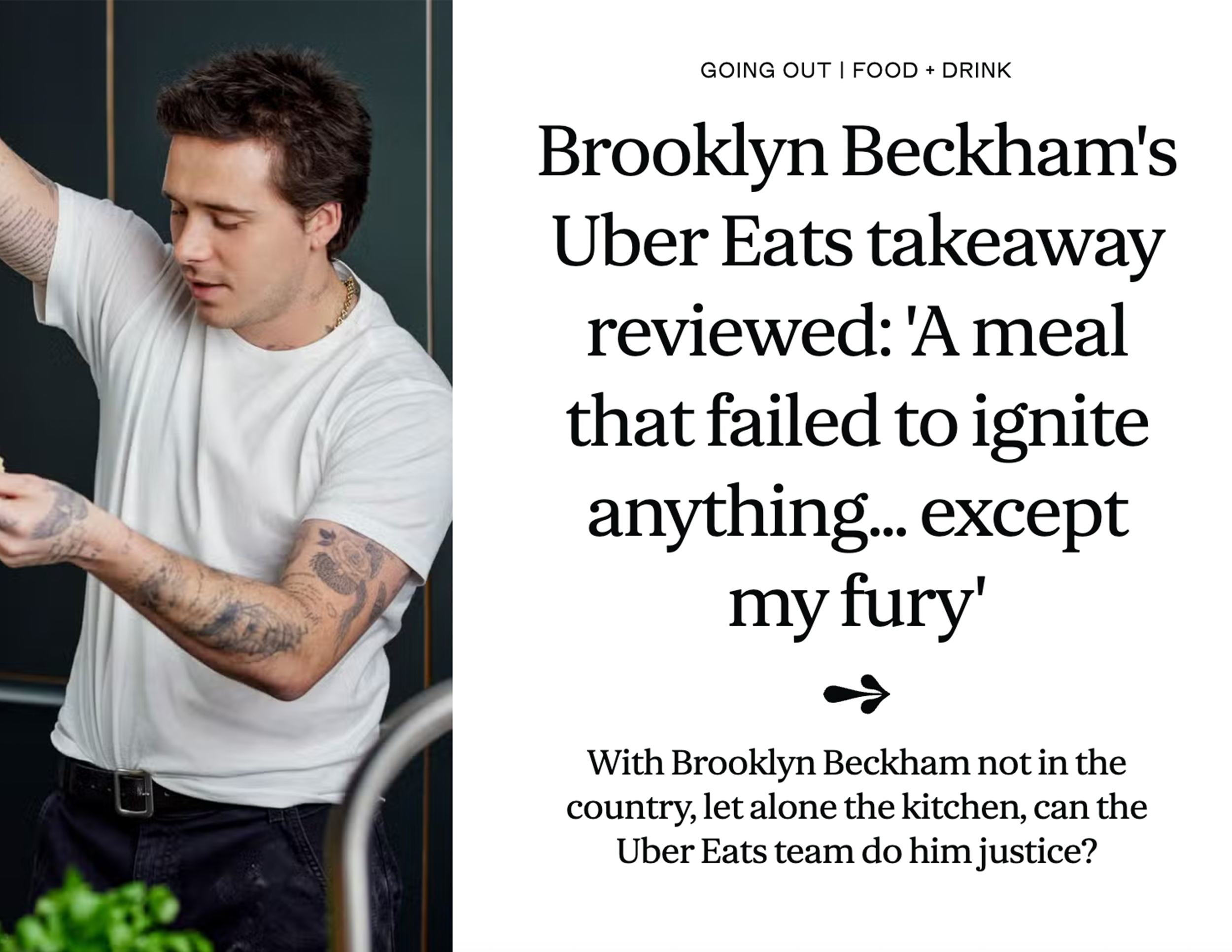 A screenshot of the headline and photo used in the Brooklyn Beckham food review on the Evening Standard online.