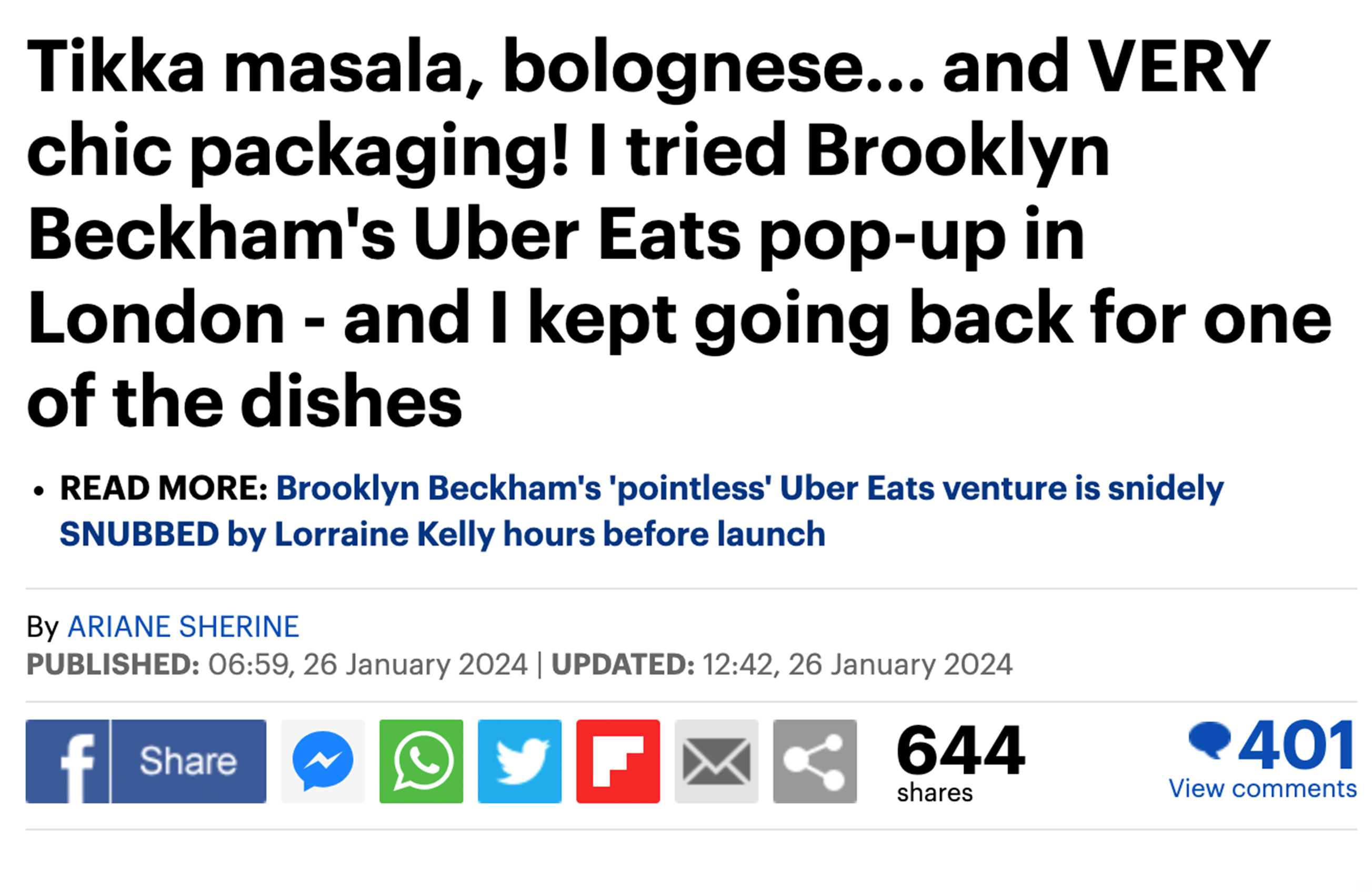 A screenshot of the headline and photo used in the Brooklyn Beckham food review on the Daily Mail online.