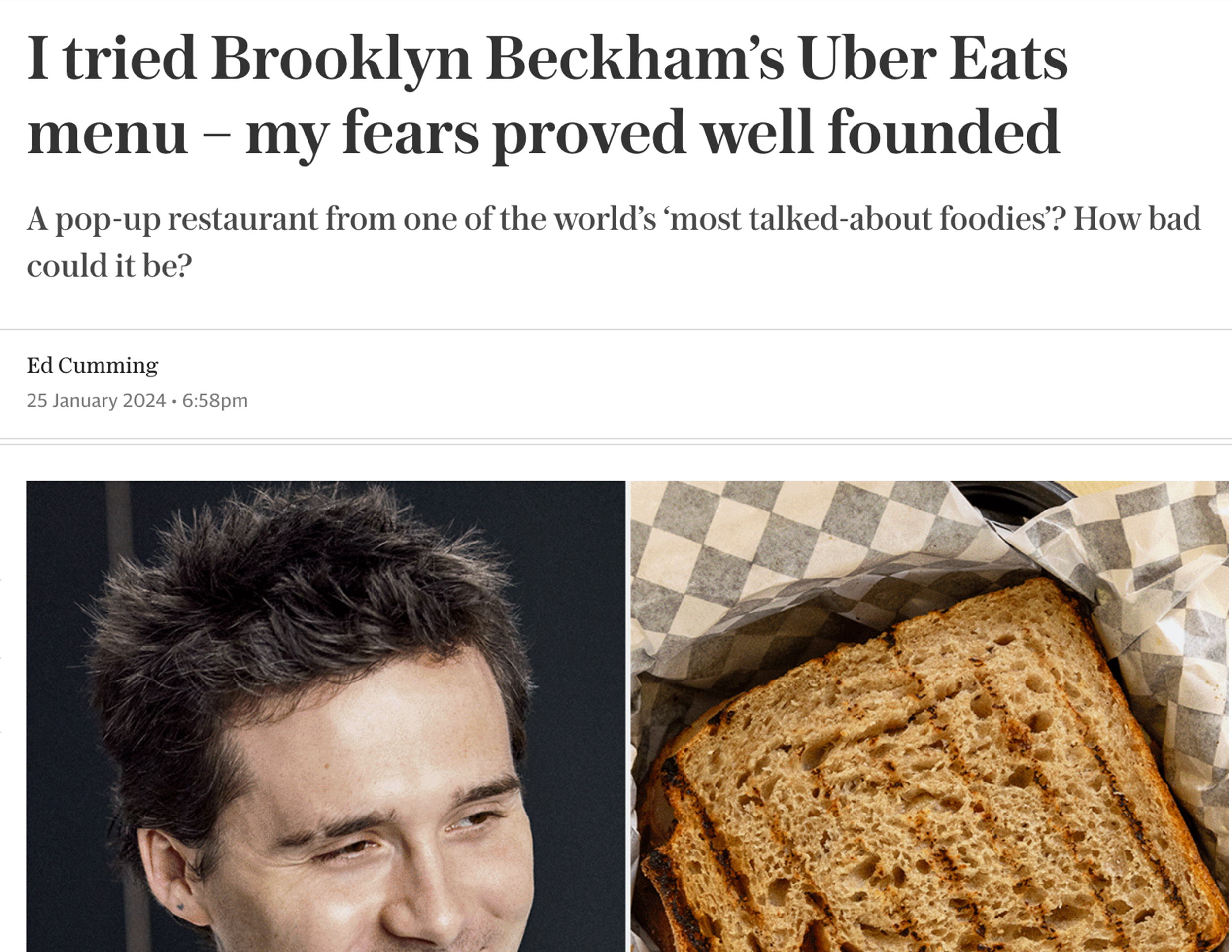 A screenshot of the headline and photo used in the Brooklyn Beckham food review on the Telegraph online.