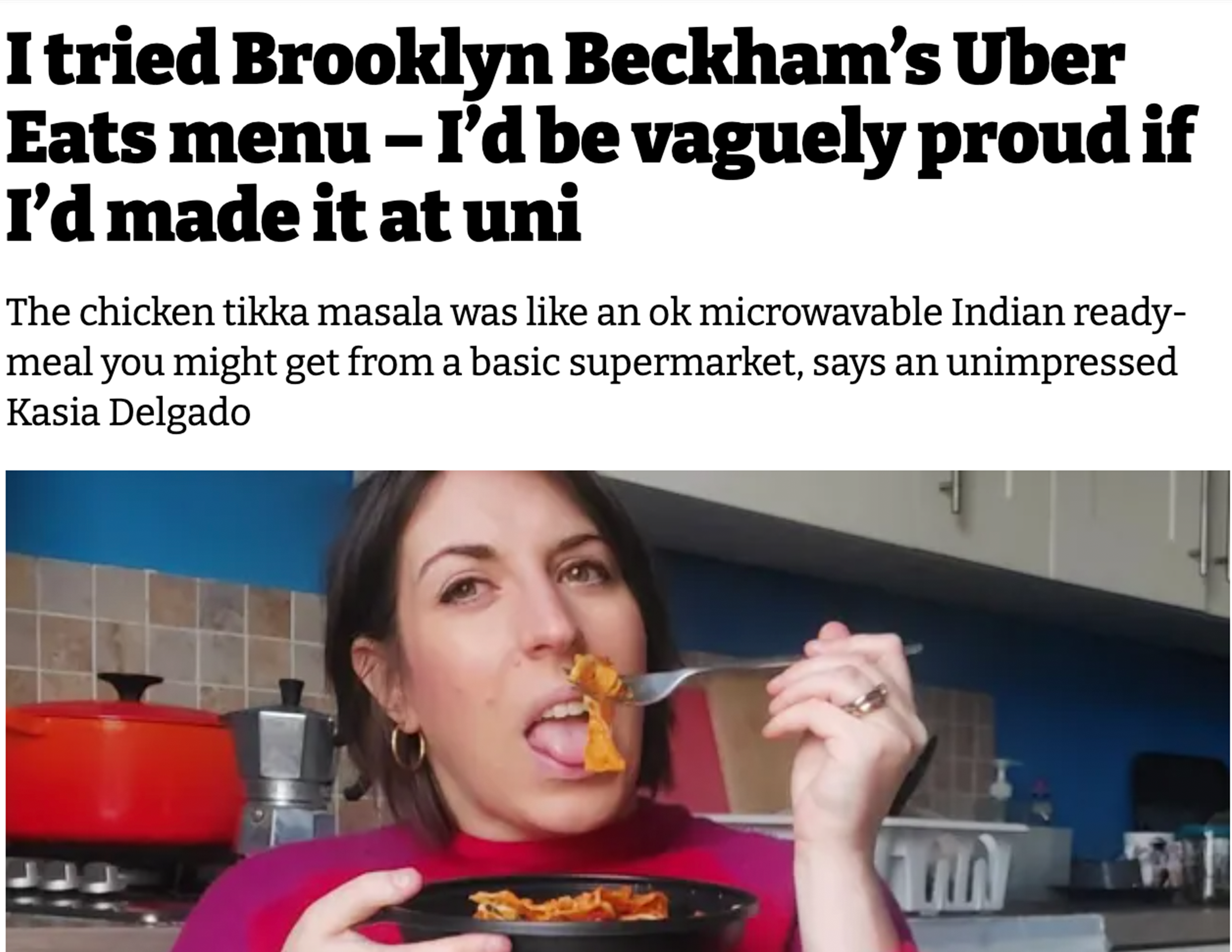 A screenshot of the headline and photo used in the Brooklyn Beckham food review on iNews online.