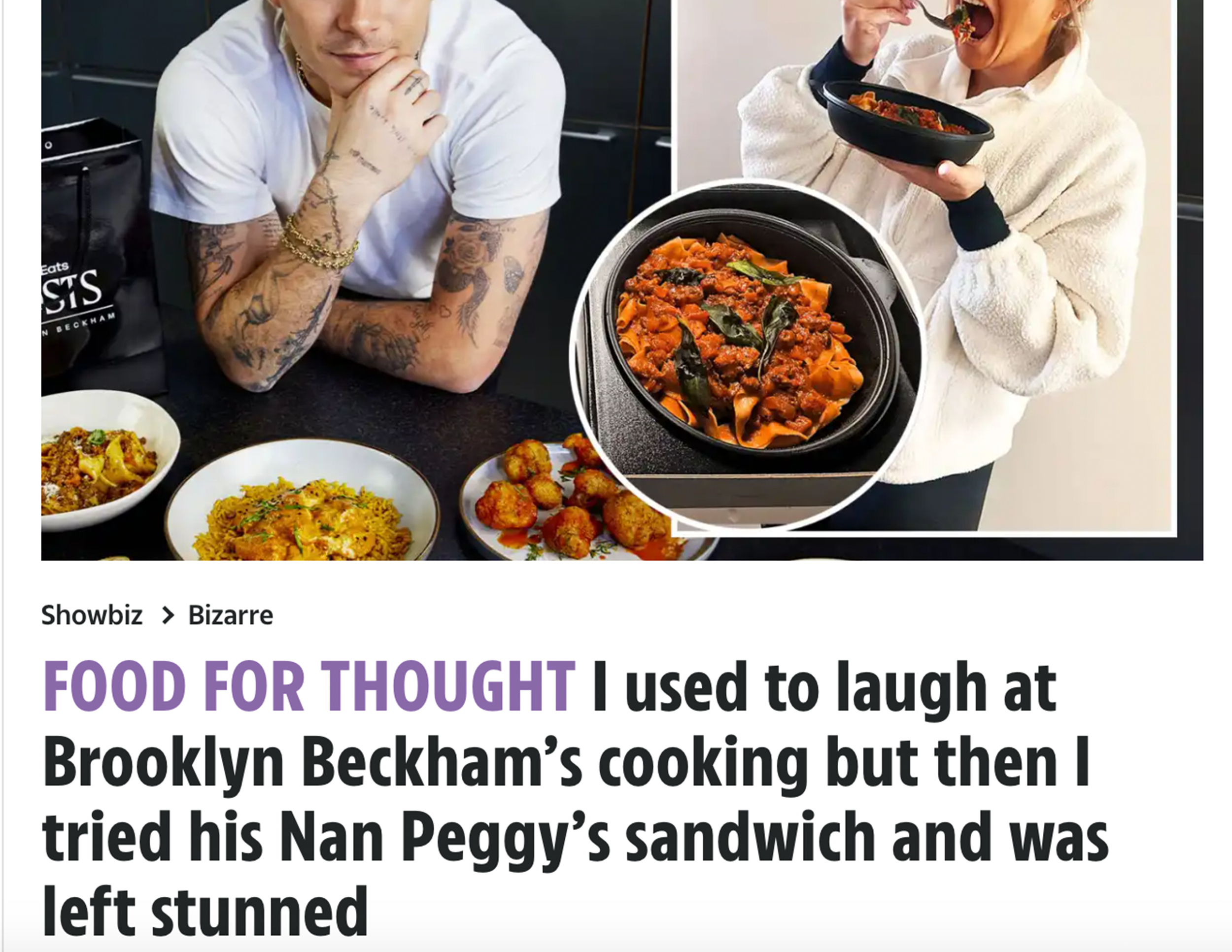A screenshot of the headline and photo used in the Brooklyn Beckham food review on the Sun online.