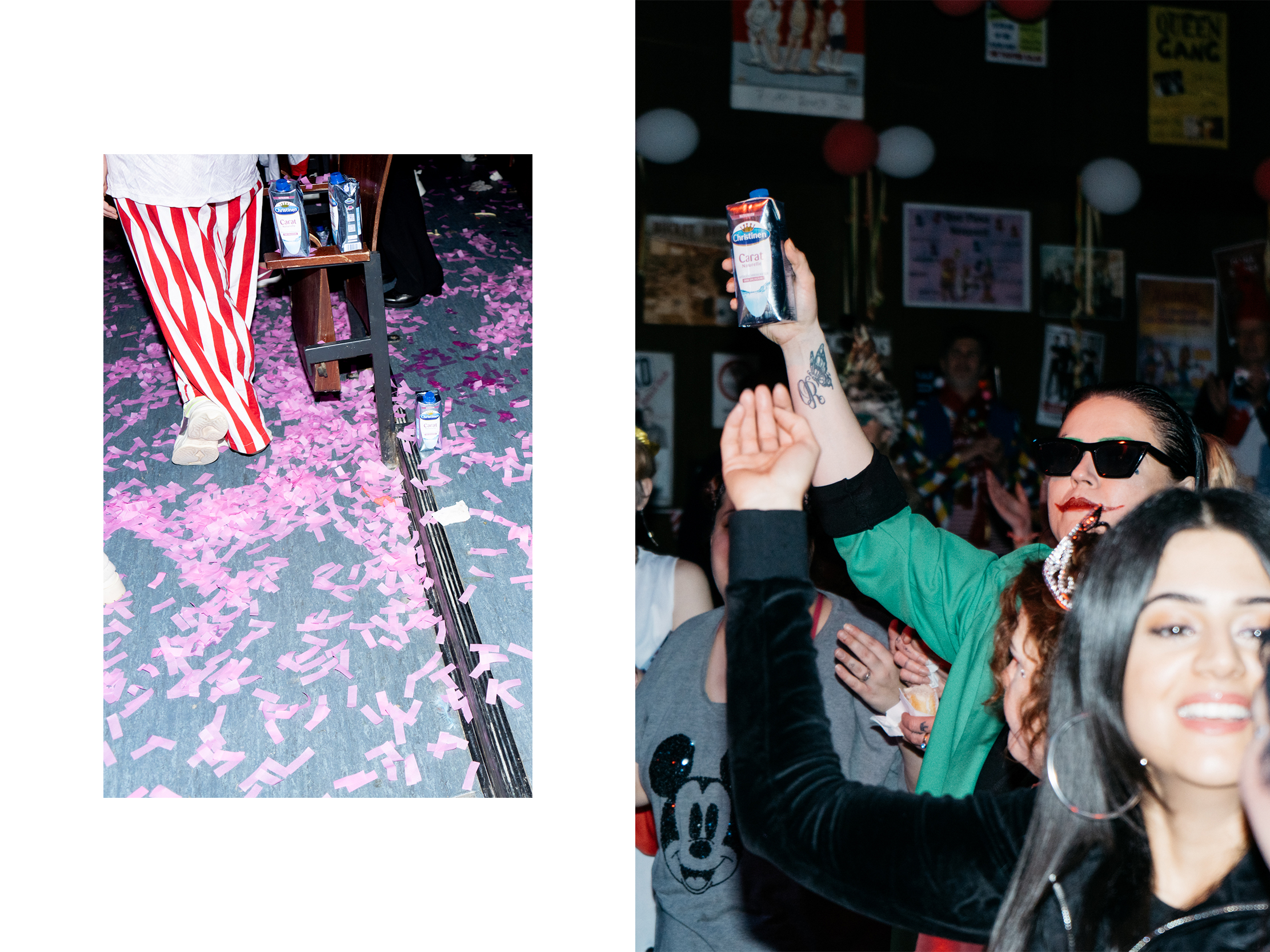 Pinkes Konfetti auf dem Fußboden – eine Person hält einen Tetrapack mit Wasser in die Höhe – Ich habe Karneval im Frauenknast gefeiert