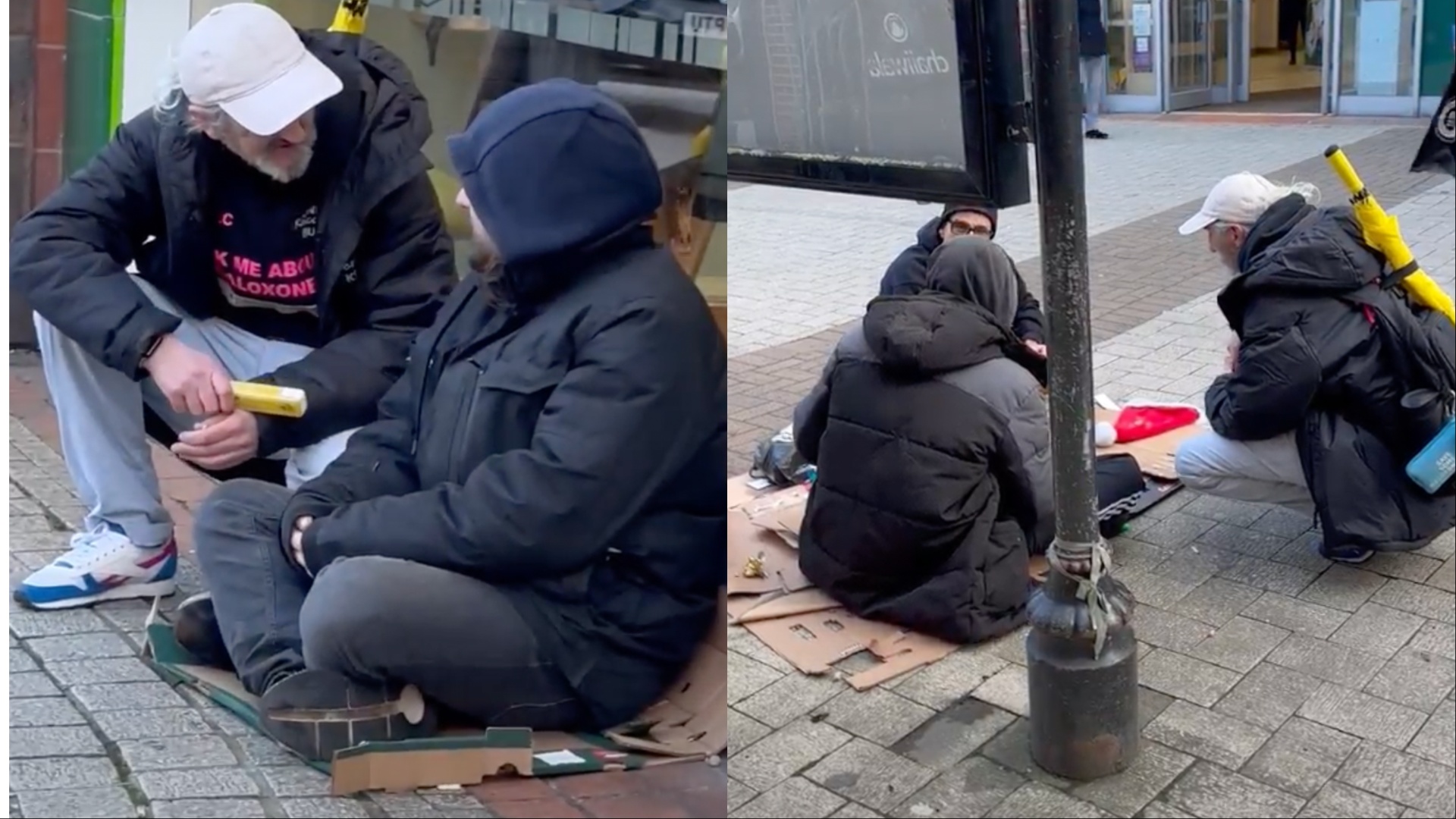 'Mighty' Mick Bird and George speak to the homeless on the street about Naloxone.