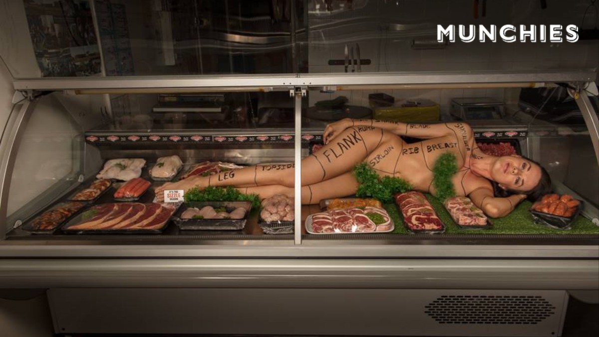 Butcher Displays Nude Woman in Meat Case as Marketing Ploy