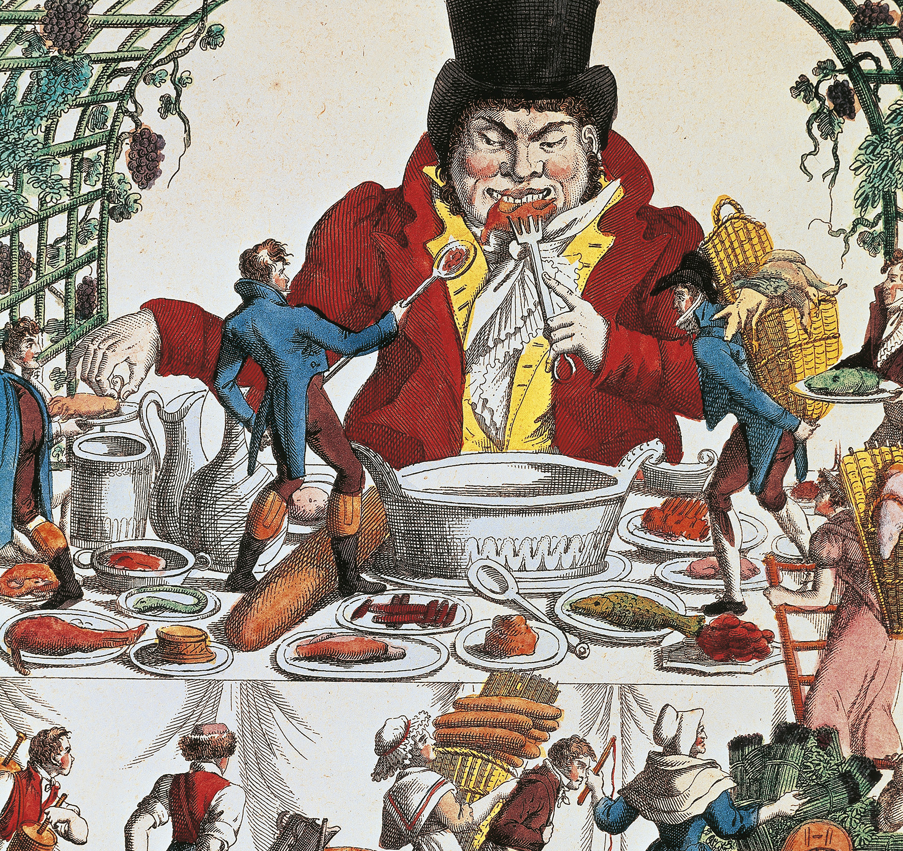 French Food Vendor--Hot Puddings Hand-Colored Woodcut 18th Century Hot!