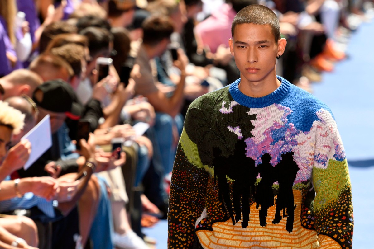 SOLD) A Spring Summer 2019 Louis Vuitton by Virgil Abloh “Wizard of Oz”  Yellow Brick Road wool sweater. Virgil Abloh's debut collection at…
