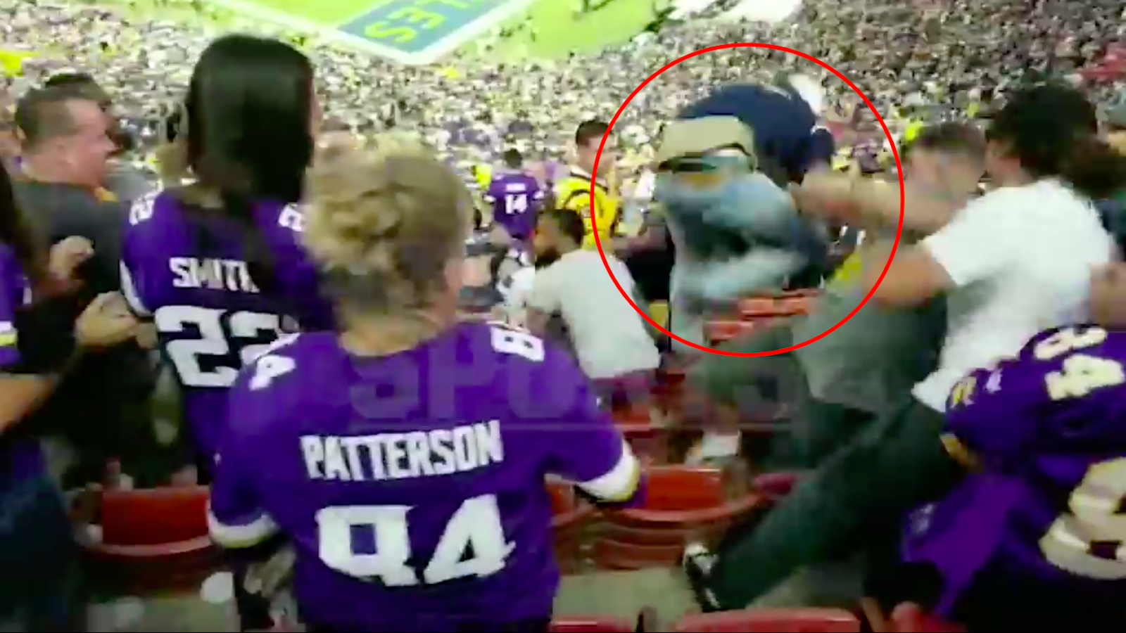 Rams vs. Vikings Fan Brawl, Man Flung Over Bleachers!