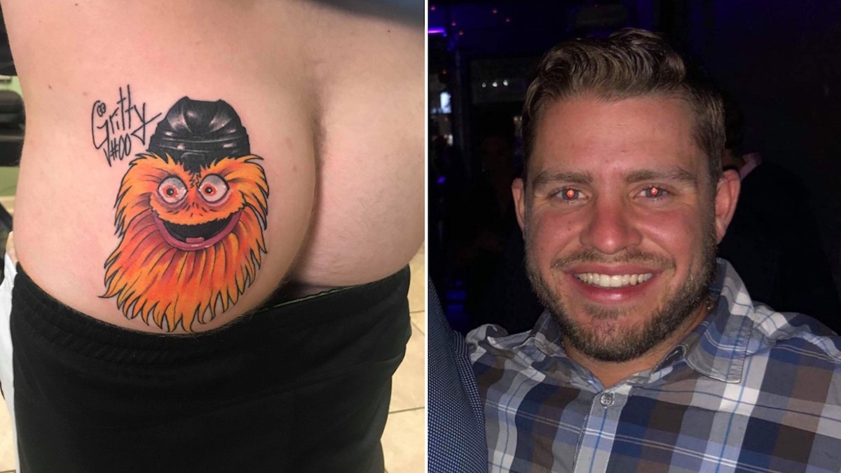 Meet the Flyers Fan Who Got Gritty's Face Tattooed on His Ass.