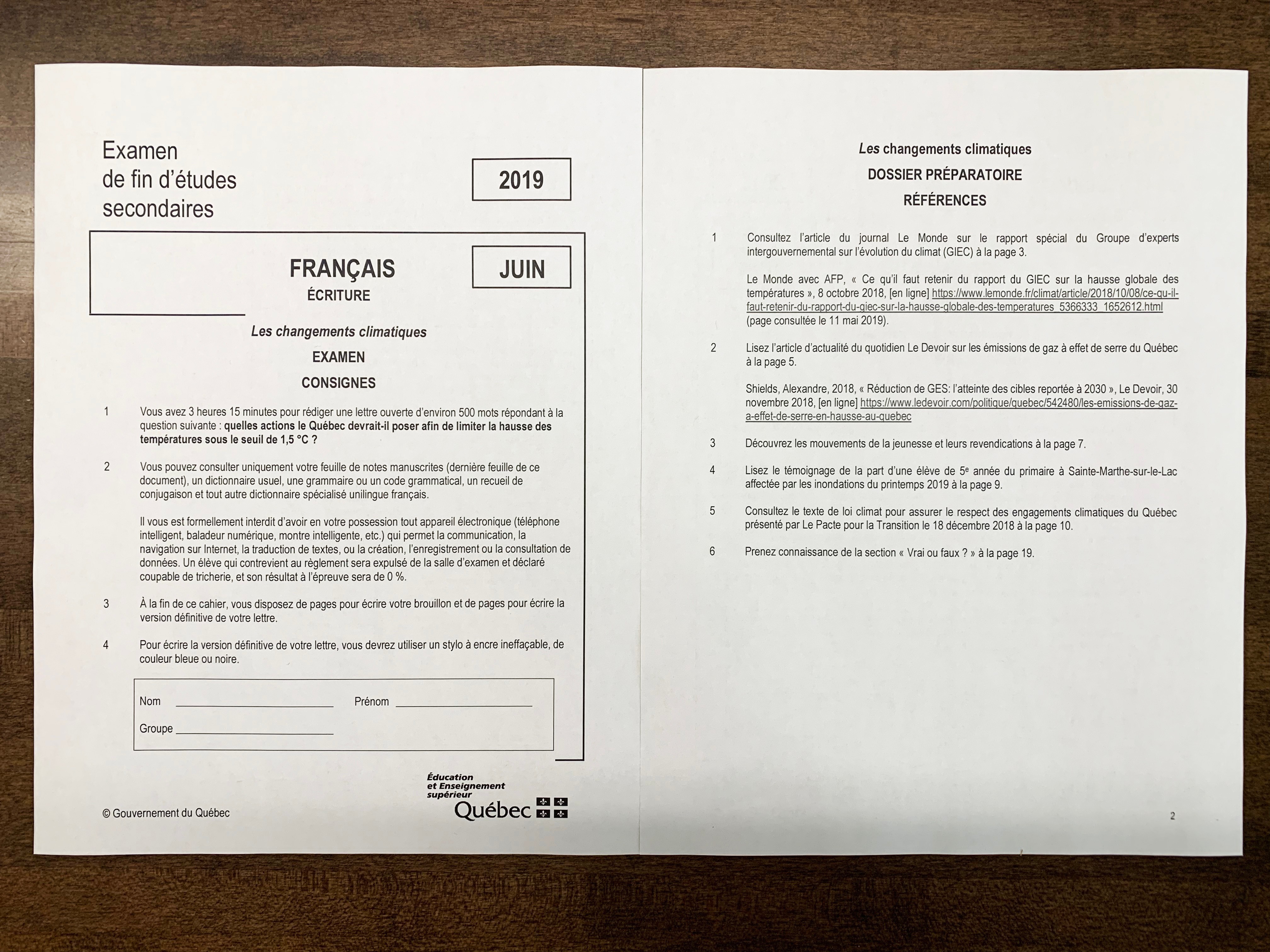 Examen Ministère Français Secondaire 5 2017 Question Les jeunes font passer un examen sur l'urgence climatique à François Legault