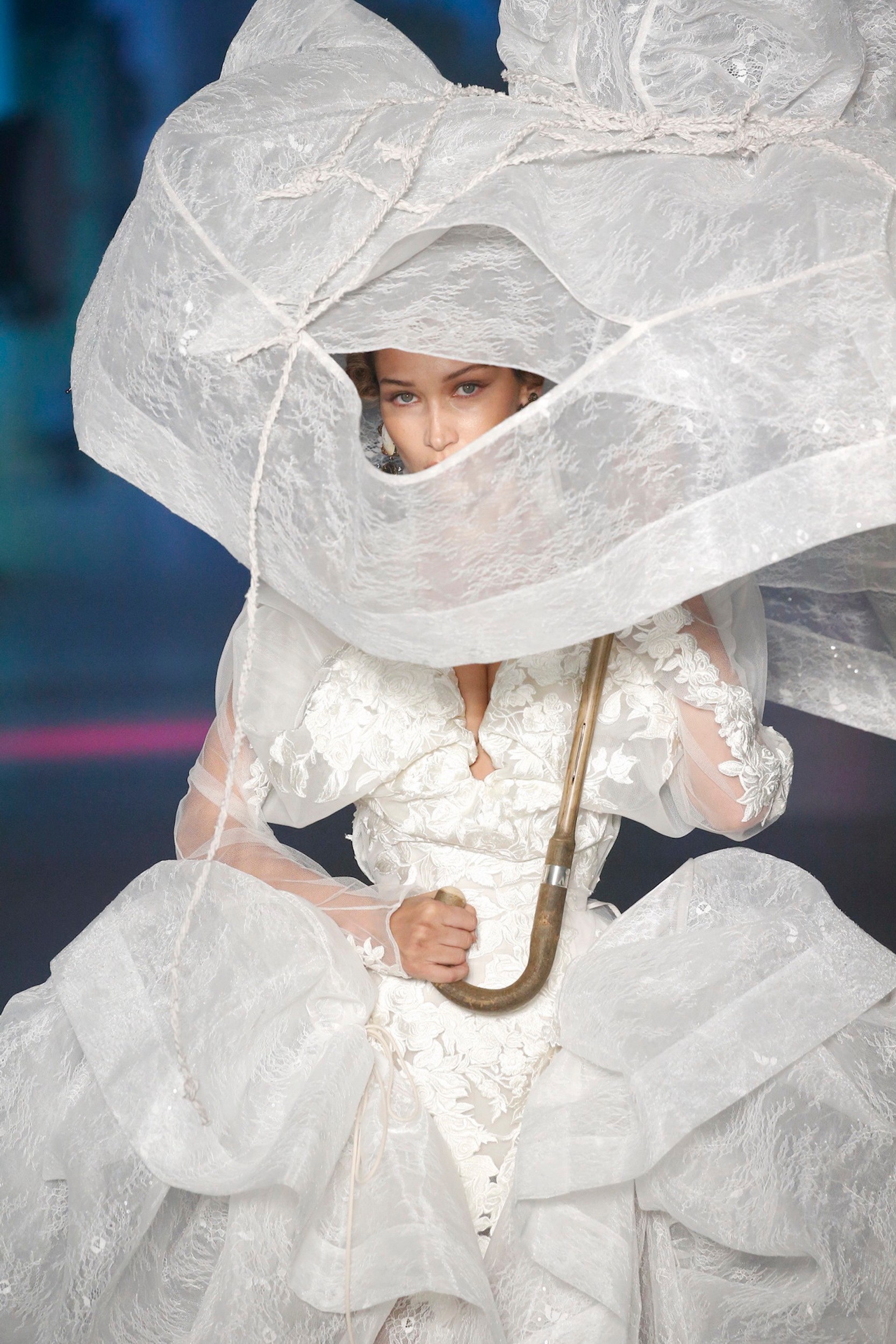 Model walks the Vivienne Westwood runway in a giant fish hat at