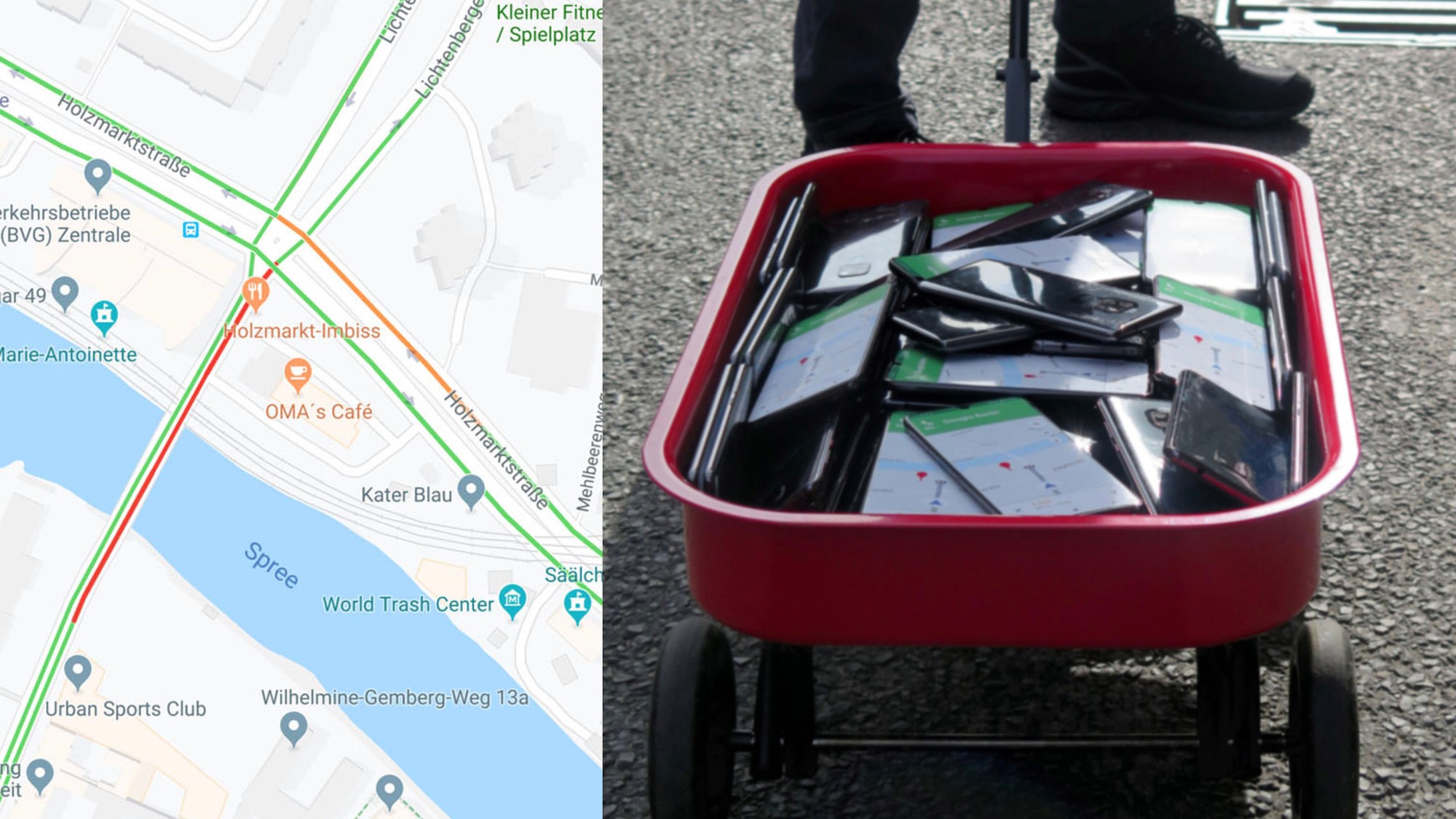 Afbeeldingsresultaat voor This Man Created Traffic Jams on Google Maps Using a Red Wagon Full of Phones