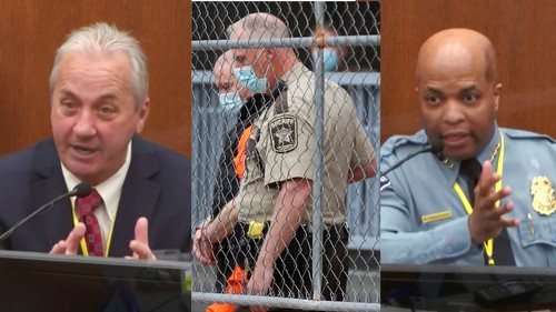 Left: Lt. Zimmerman testifies during the trial of former Minneapolis Police Officer Derek Chauvin in Hennepin County Court in downtown Minneapolis (CourtTV). Middle: Former Minneapolis police officer Derek Chauvin is escorted from the rear of the Hennepin