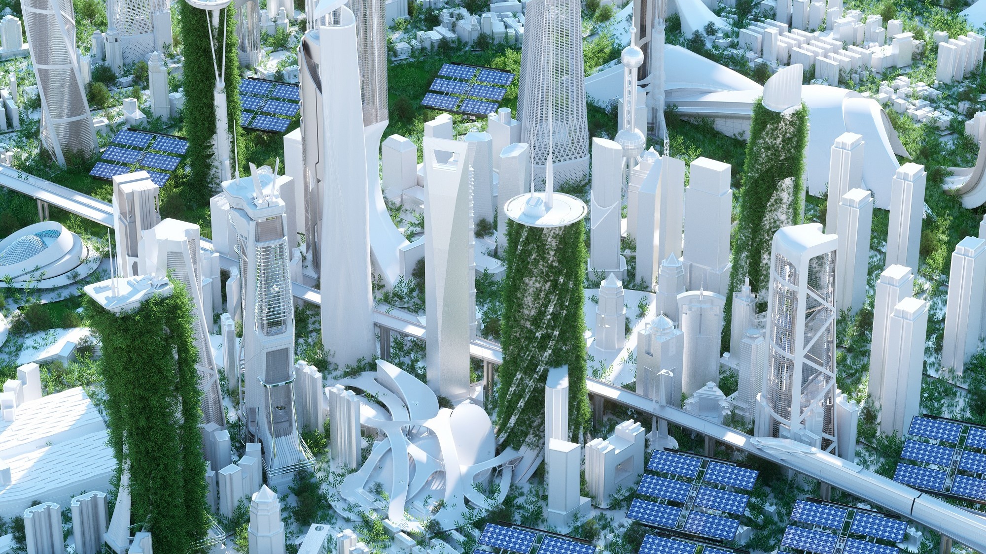 Futuristic green solarpunk city with lots of trees