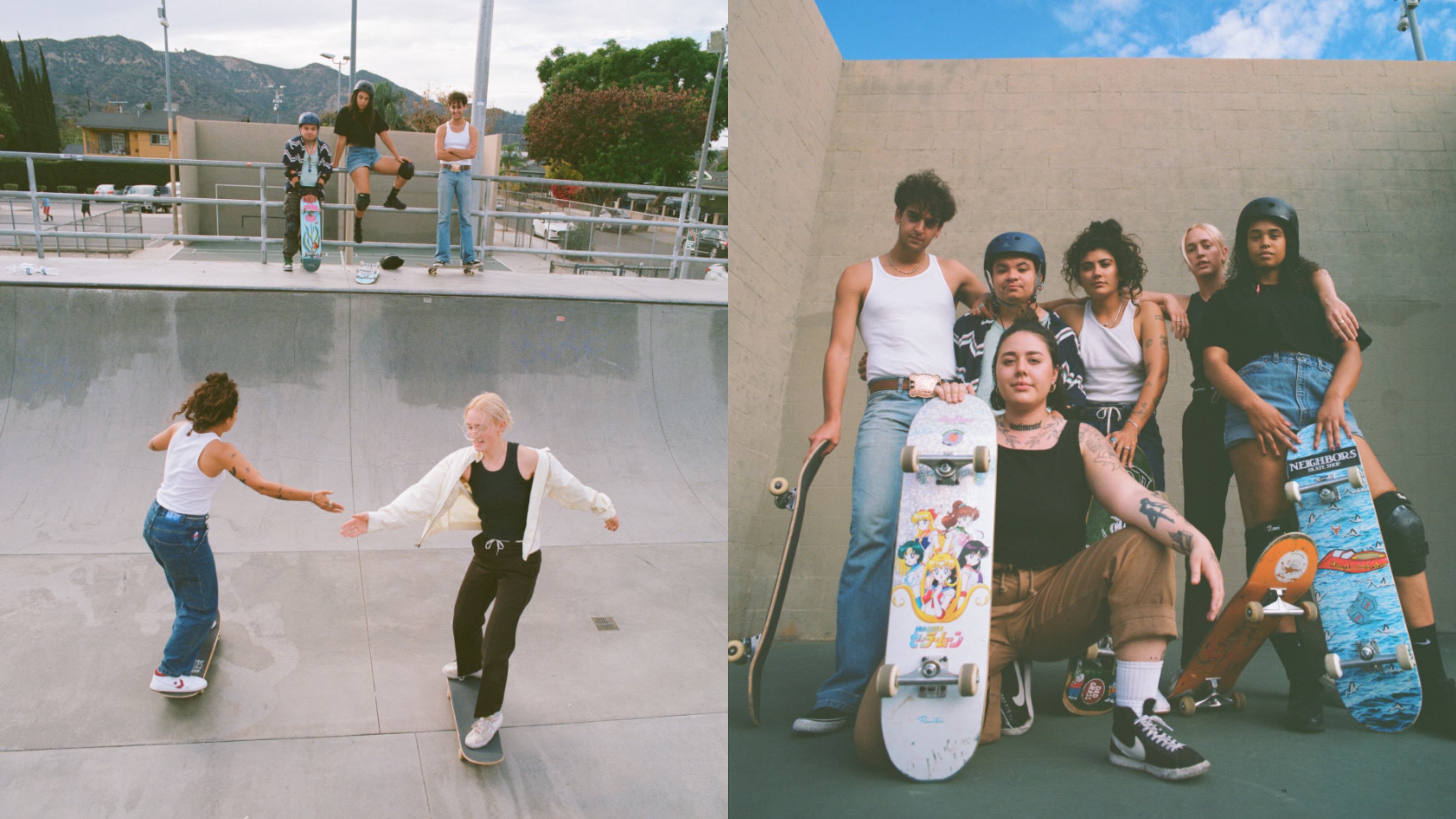 An anime girl skateboarding, doing tricks in the half